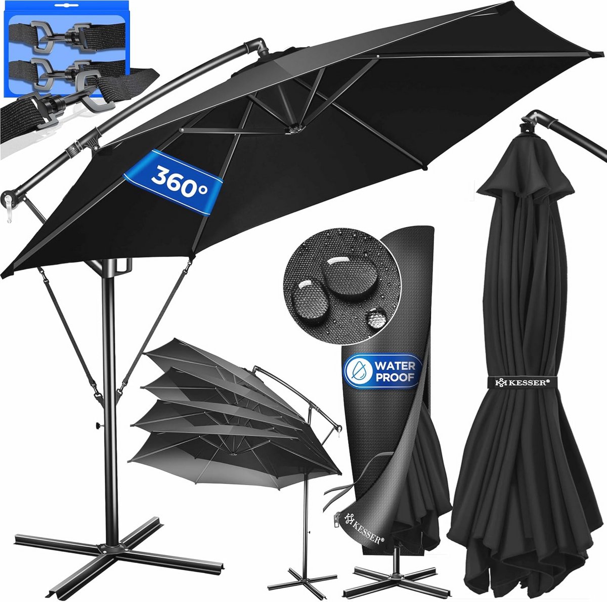 Zweefparasol Ø 3m met 360° Draaibaarheid en Beschermhoes - Tuinparasol Zwart (6151824911943)