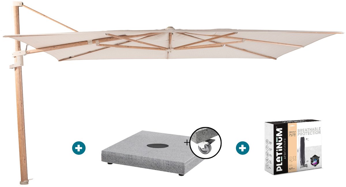 4 Seasons Finca zweefparasol 4x3 m - Zand/Houtlook met Finca voet en hoes (6097327950976)