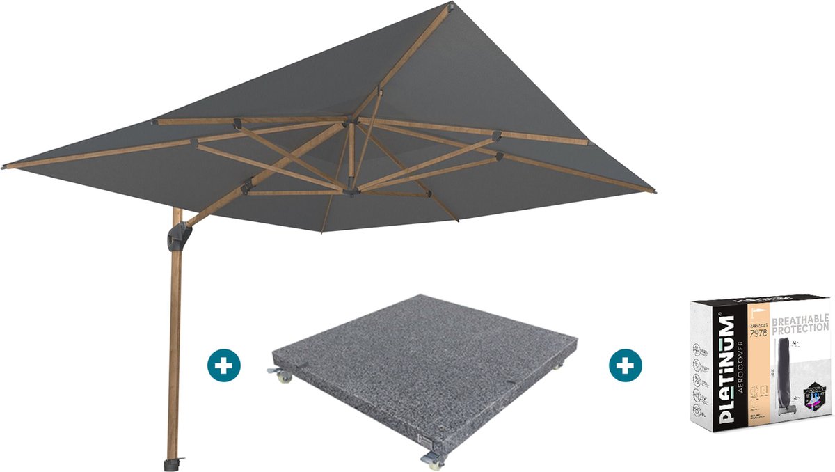 4-Seasons zweefparasol Hacienda 300 x 400 - Woodlook/Charcoal met voet en hoes (6097339367342)