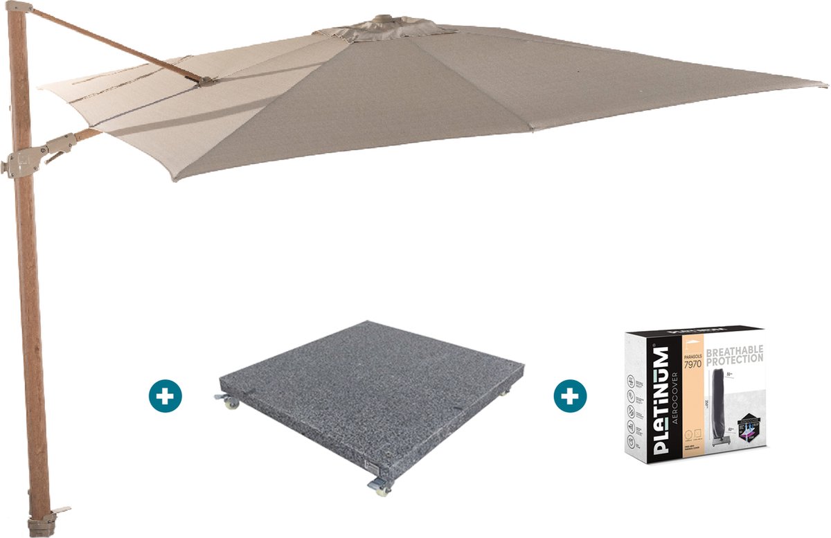 4-Seasons zweefparasol Siesta Premium 300 x 300 - Woodlook/Sand met voet en hoes (6097327511597)