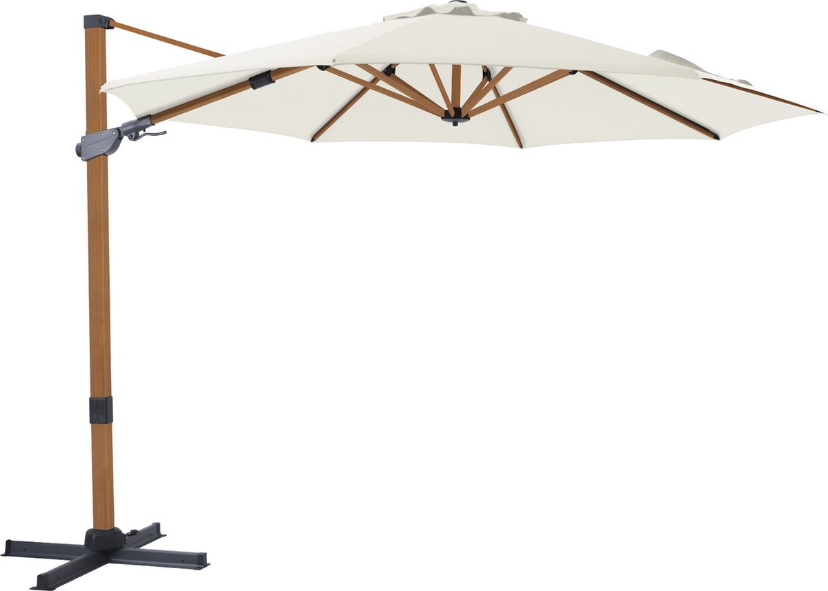 AXI Cyrus Premium Zweefparasol Ø 300cm Houtlook/beige incl. Hoes - Gepoedercoat aluminium frame met kruisvoet - 360° Draaibaar - Kantelbaar - UV werend doek (8720365063695)
