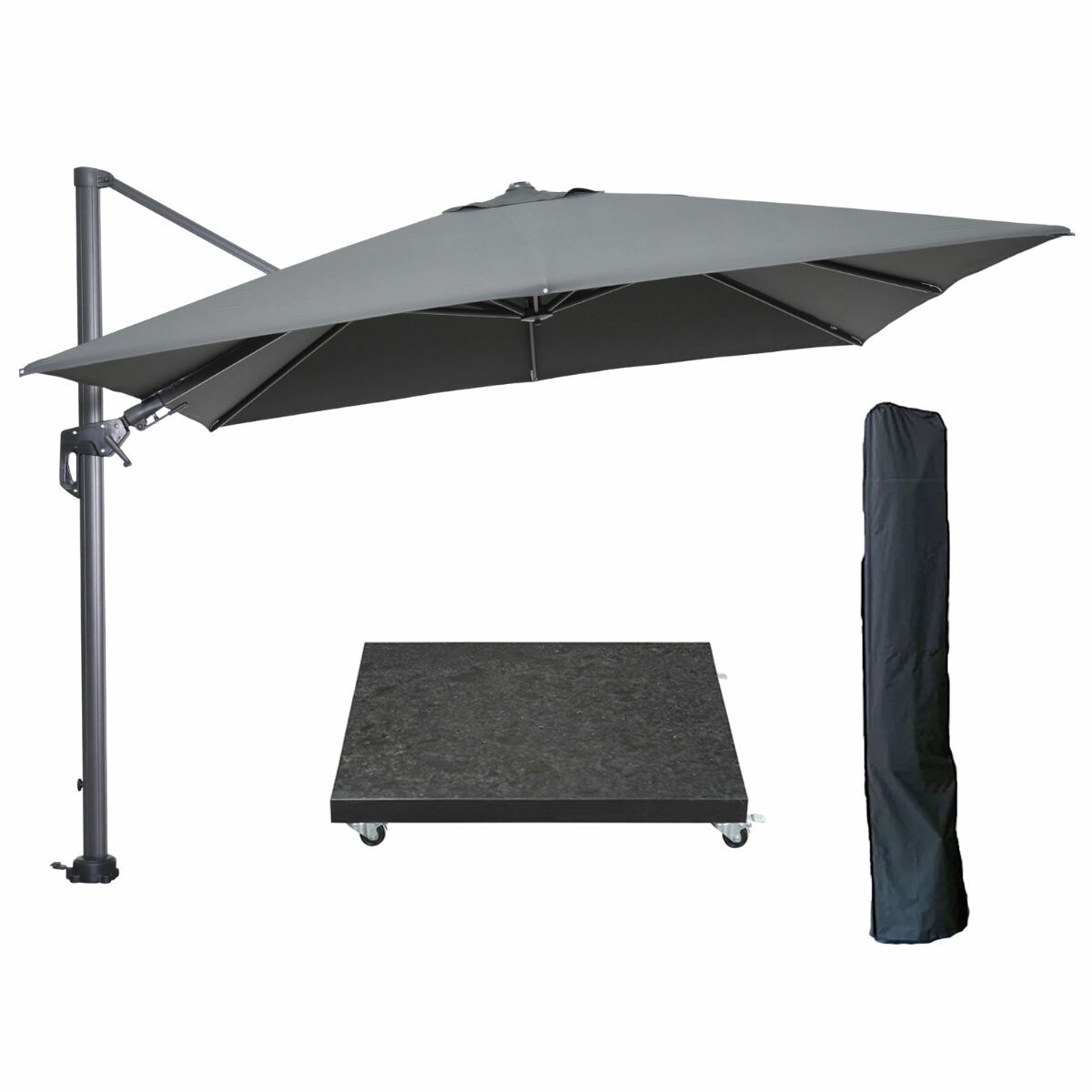 Garden Impressions Hawaii zweefparasol 300x300 cm carbon black / donker grijs met 90kg royal antraciet parasolvoet en parasolhoes (6097104694642)