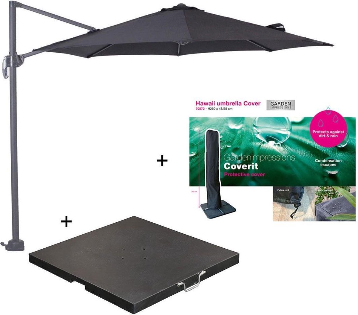 Garden Impressions Hawaii zweefparasol S Ø300 - donker grijs/zwart met 60 kg parasolvoet en parasolhoes (7438247314315)
