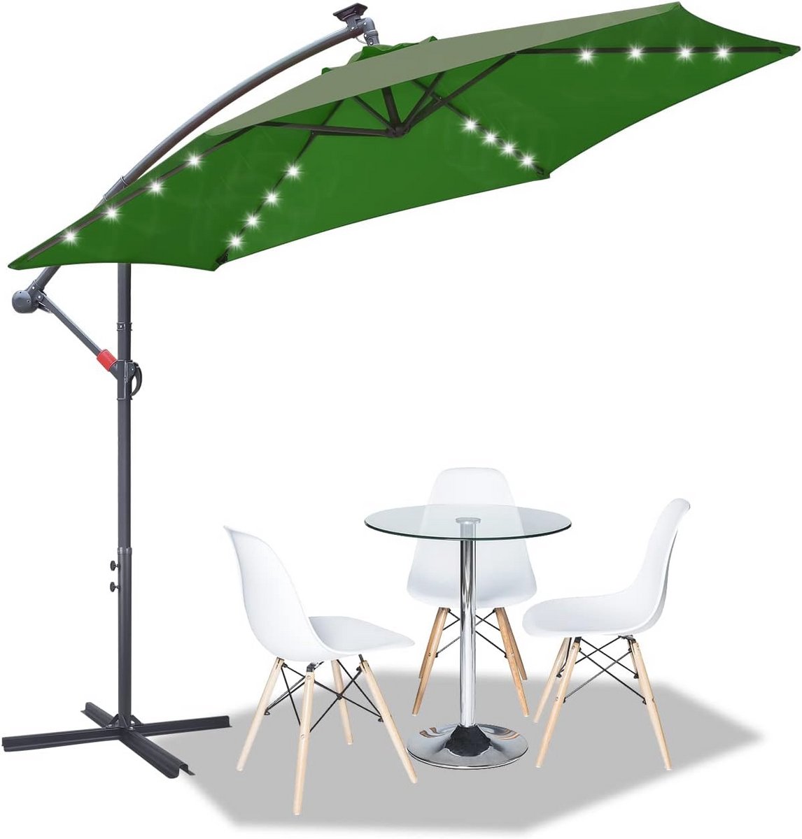 Groot Zweefparasol 300cm met LED en UV-bescherming voor Balkon, Tuin en Terras - Waterdicht en Inclusief Standaard (6154515014091)