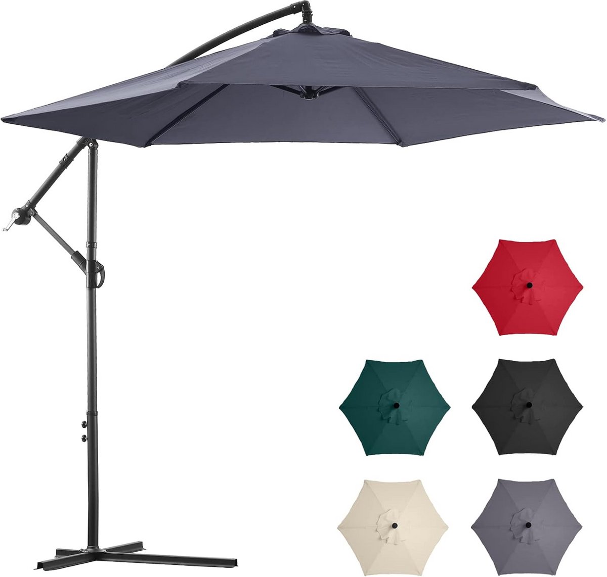 Grote 3m Zweefparasol met Tuinvoet - 360° Draaibaar en Kantelbaar Zonnescherm Grijs (9101053342145)