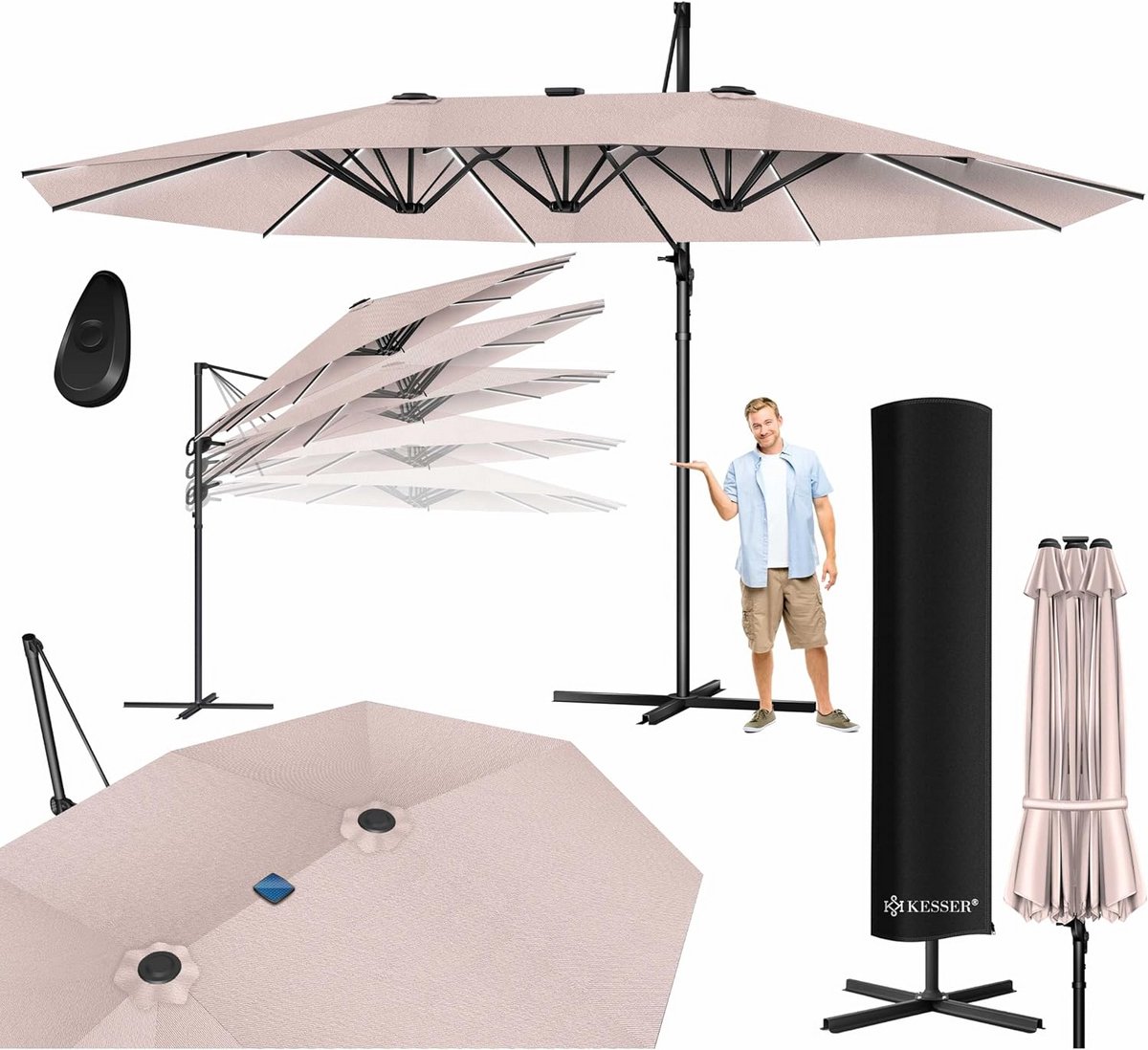 Grote Dubbele Zweefparasol 4,6m - 360° Draaibaar & Kantelbaar met Hoes (9101060798898)