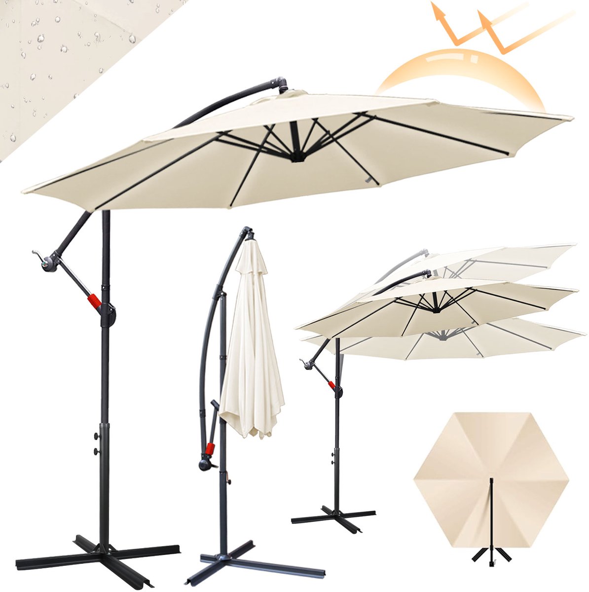 Parasol met Standaard 300 cm - Zonwering voor Balkons, Tuinen en Terrassen - Grote Zweefparasol met Zwengelsysteem - Stevig Frame - Beige (9178524816177)
