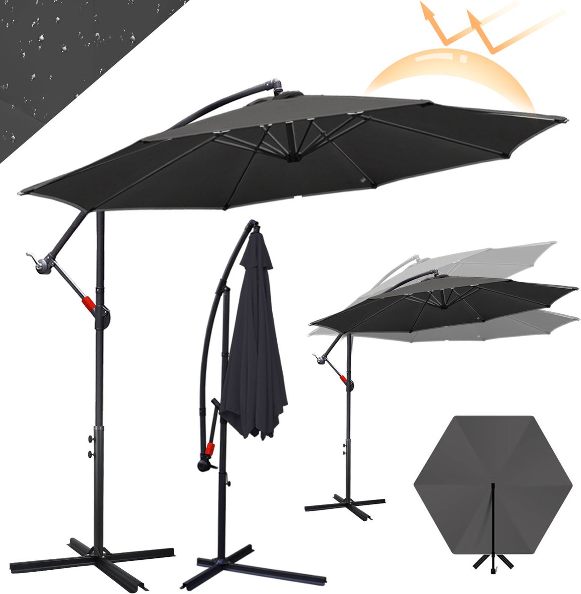 Parasol met Standaard 300 cm - Zonwering voor Balkons, Tuinen en Terrassen - Grote Zweefparasol met Zwengelsysteem - Stevig Frame - Grijs (9178524816146)