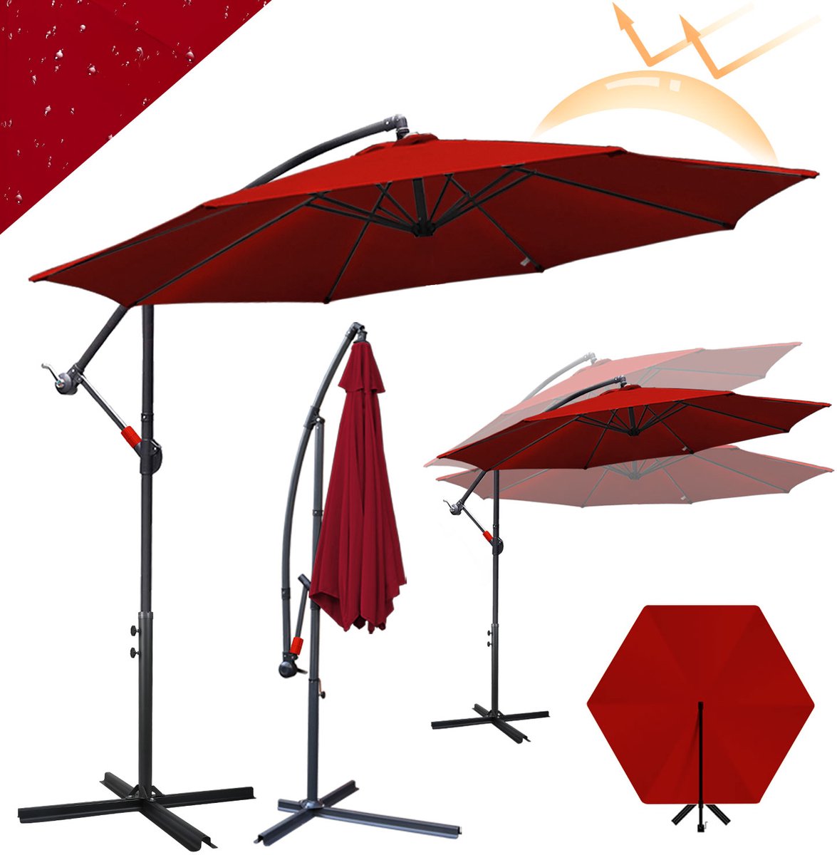 Parasol met Standaard 300 cm - Zonwering voor Balkons, Tuinen en Terrassen - Grote Zweefparasol met Zwengelsysteem - Stevig Frame - Rood (9178524816160)