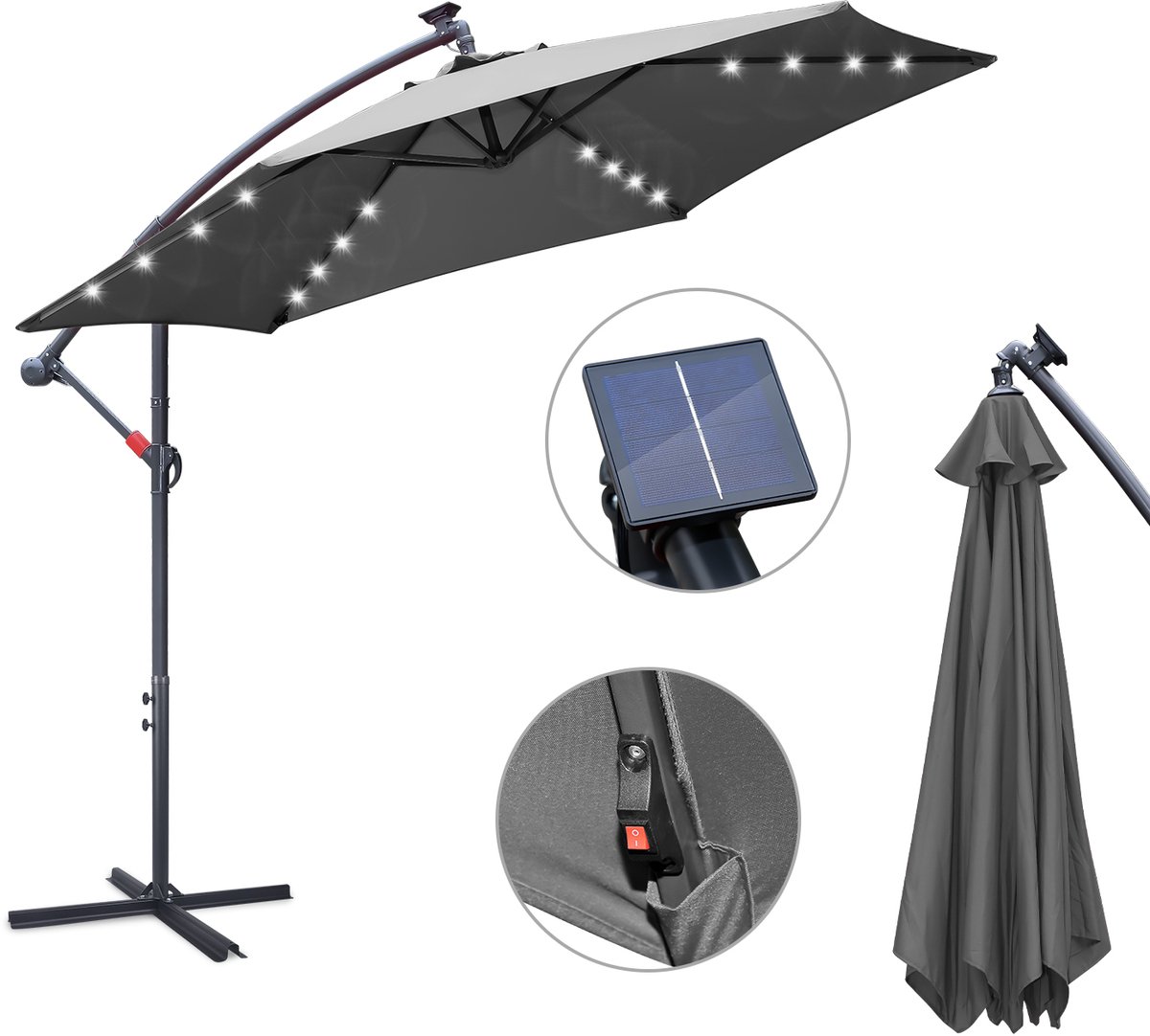 Parasol met Standaard 350 cm - Zonwering voor Balkons, Tuinen en Terrassen - Grote Zweefparasol met Zwengelsysteem - Stevig Frame - Met LED - Grijs (9178524816184)
