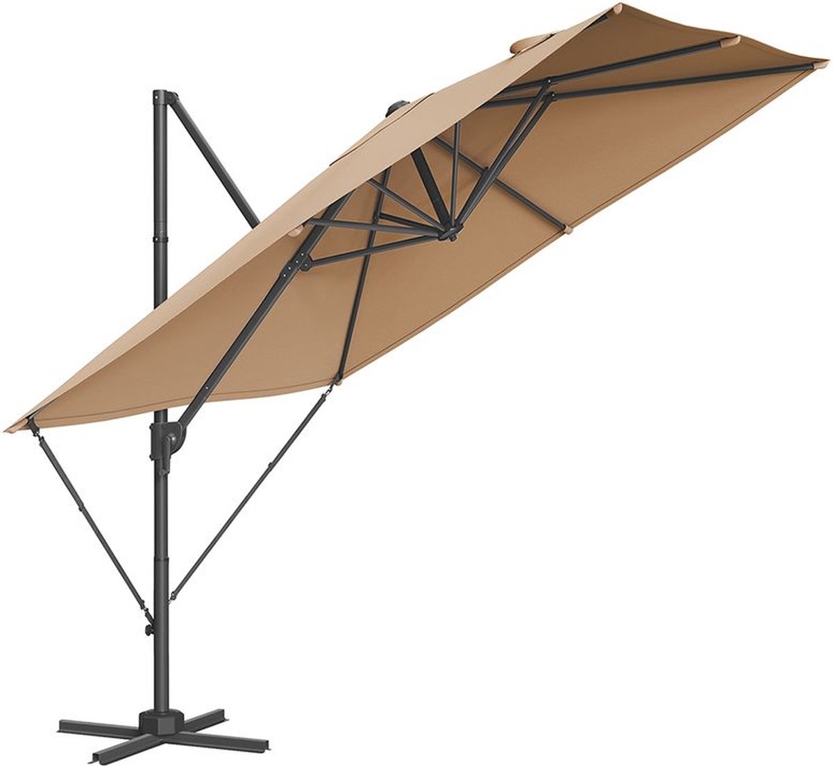 XL parasol UV-bescherming - zweefparasol 360° draaibaar - UPF 50+ - tuinparasol - kantelhoek verstelbaar - met zwengel - kruisvoet - camel bruin - 270 x 270 cm (9506824959773)