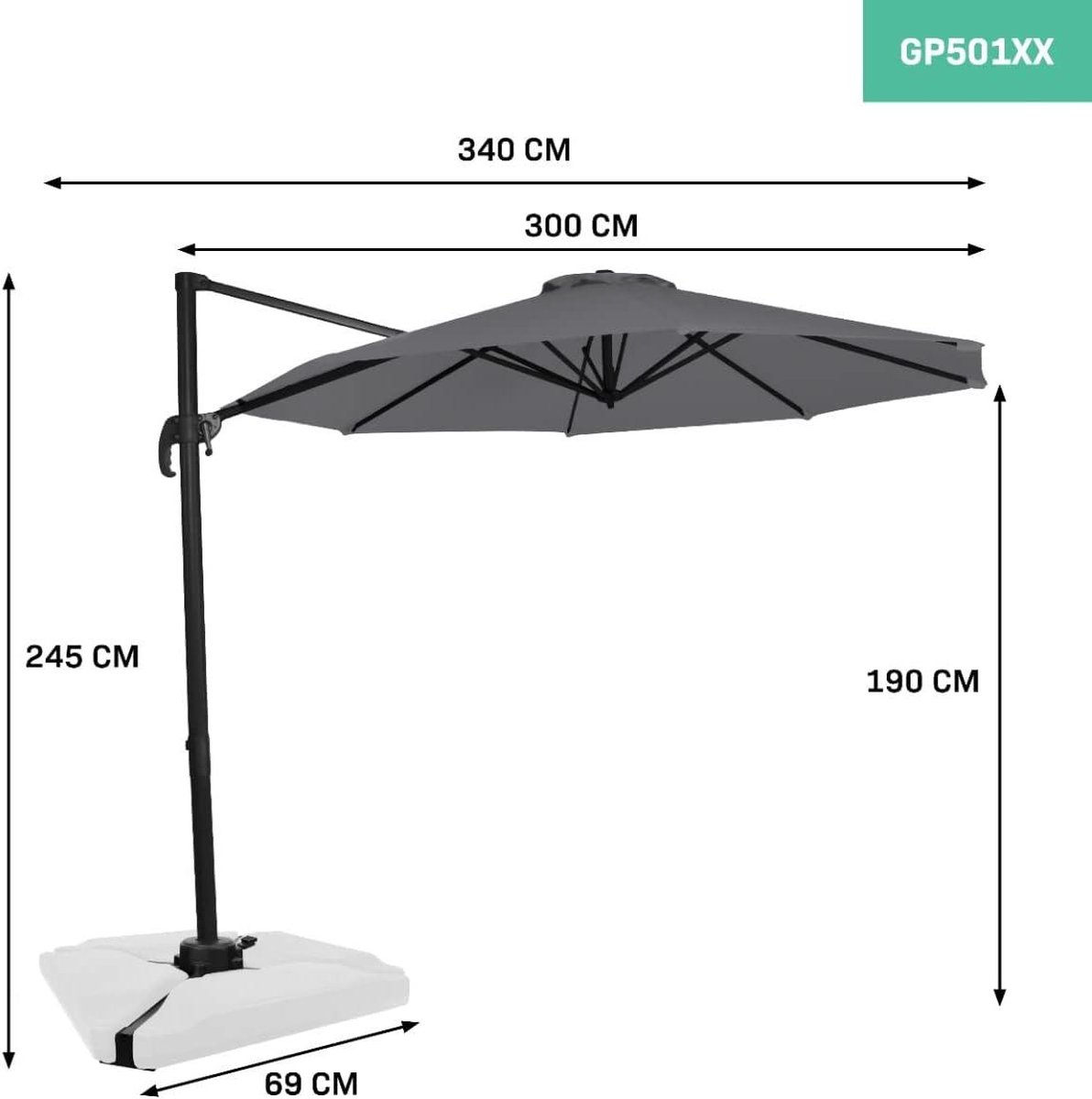 Zweefparasol rond 3 meter diameter - antraciet/zwart - 360 graden draaibaar - uv-bescherming - beschermingsfactor 50+ (6150846696647)