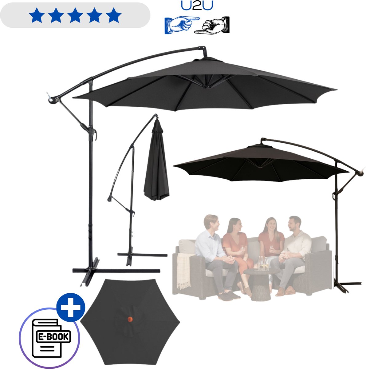 Zweefparasol tuin 350x250 cm antraciet met verstelbare kantelfunctie, grote parasol voor terras balkon en tuin, waterafstotend polyester doek, stalen frame, inclusief beschermhoes en zijvoet zonder gewichten voor extra schaduw comfort luxe Met Ebook (8721225912542)