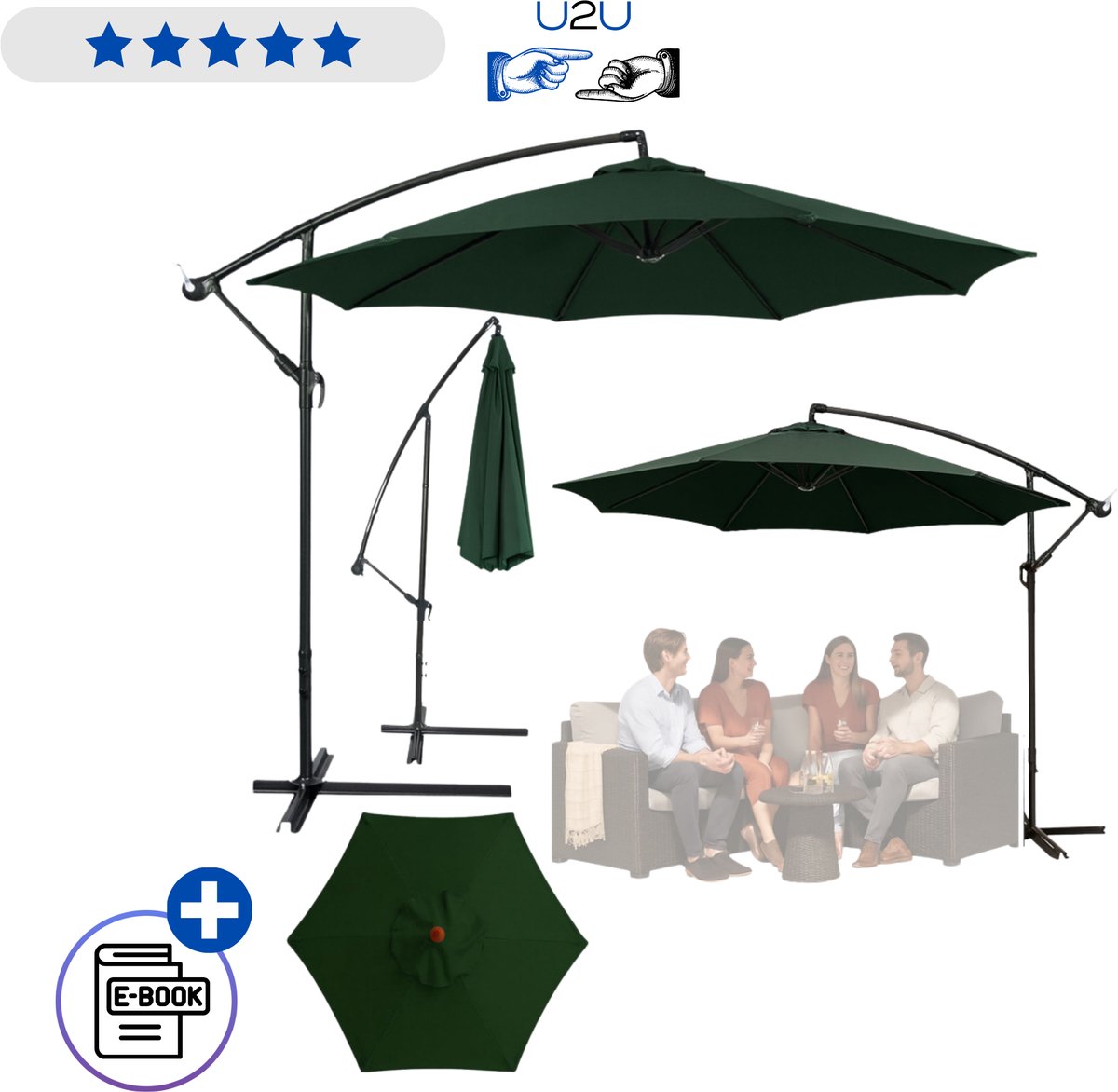 Zweefparasol tuin 350x250 cm groen met verstelbare kantelfunctie en stalen frame, grote parasol voor terras balkon en tuin, waterafstotend polyester doek met beschermhoes en stevige voet zonder gewichten voor schaduw en comfort extra groots Met Ebook (8721225912535)