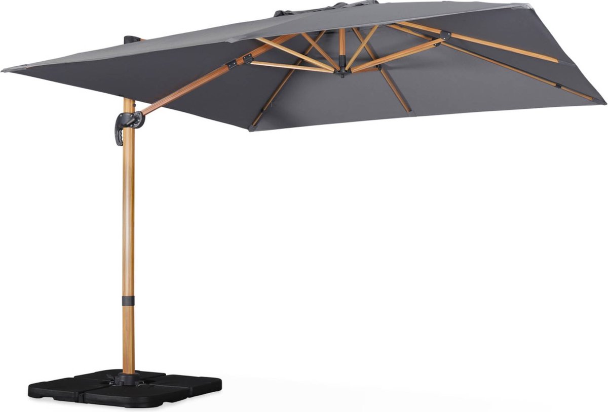 sweeek - Vierkante zweefparasol 3x3m, 360° draaibaar + set van 4 verzwaarde tegels 50x50cm (3701672508937)