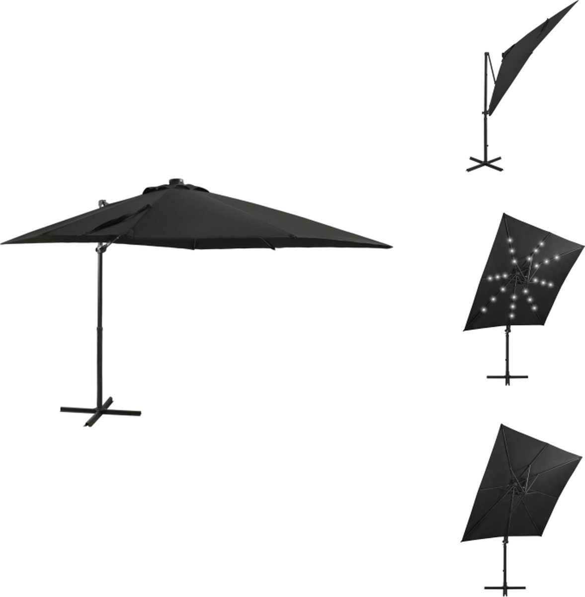 vidaXL - Zweefparasol - met - paal - en - LED-verlichting - 250 - cm - zwart (8720286181287)