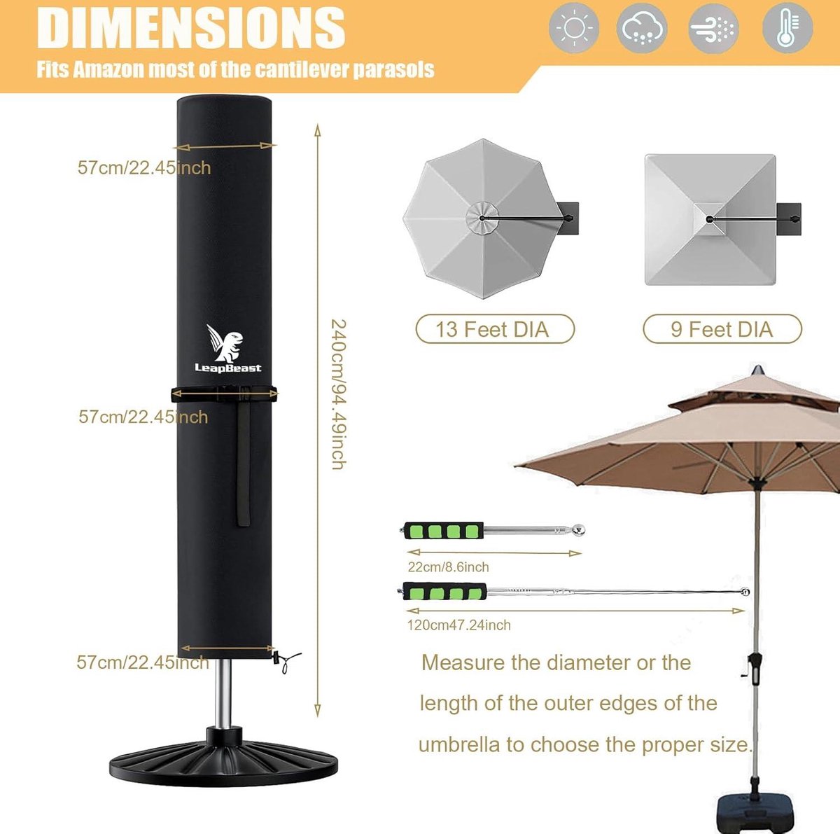 Beschermhoes voor zweefparasol 2 tot 4 m - Weerbestendig - UV-bestendig - 600D Oxford - Hulpstang - Overtrekken - 240-57-57-57-57 cm (9502264163237)