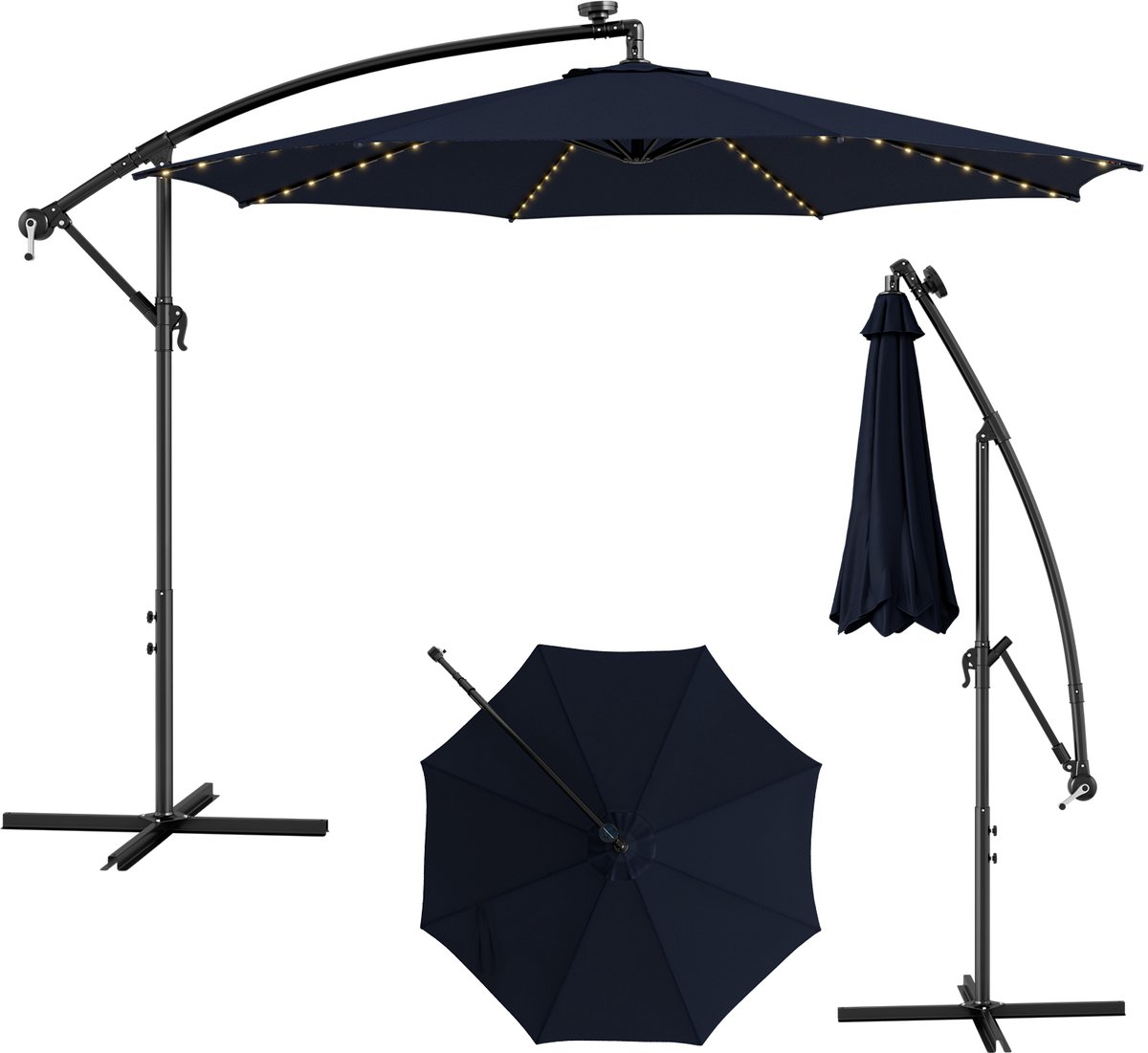 COSTWAY Parasol Ø300cm, LED Solar zweefparasol met 112 LED-lampen, tuinparasol, zwengel, marktscherm met zwengel voor tuin, binnenplaats, terras (marineblauw) (0015706482395)
