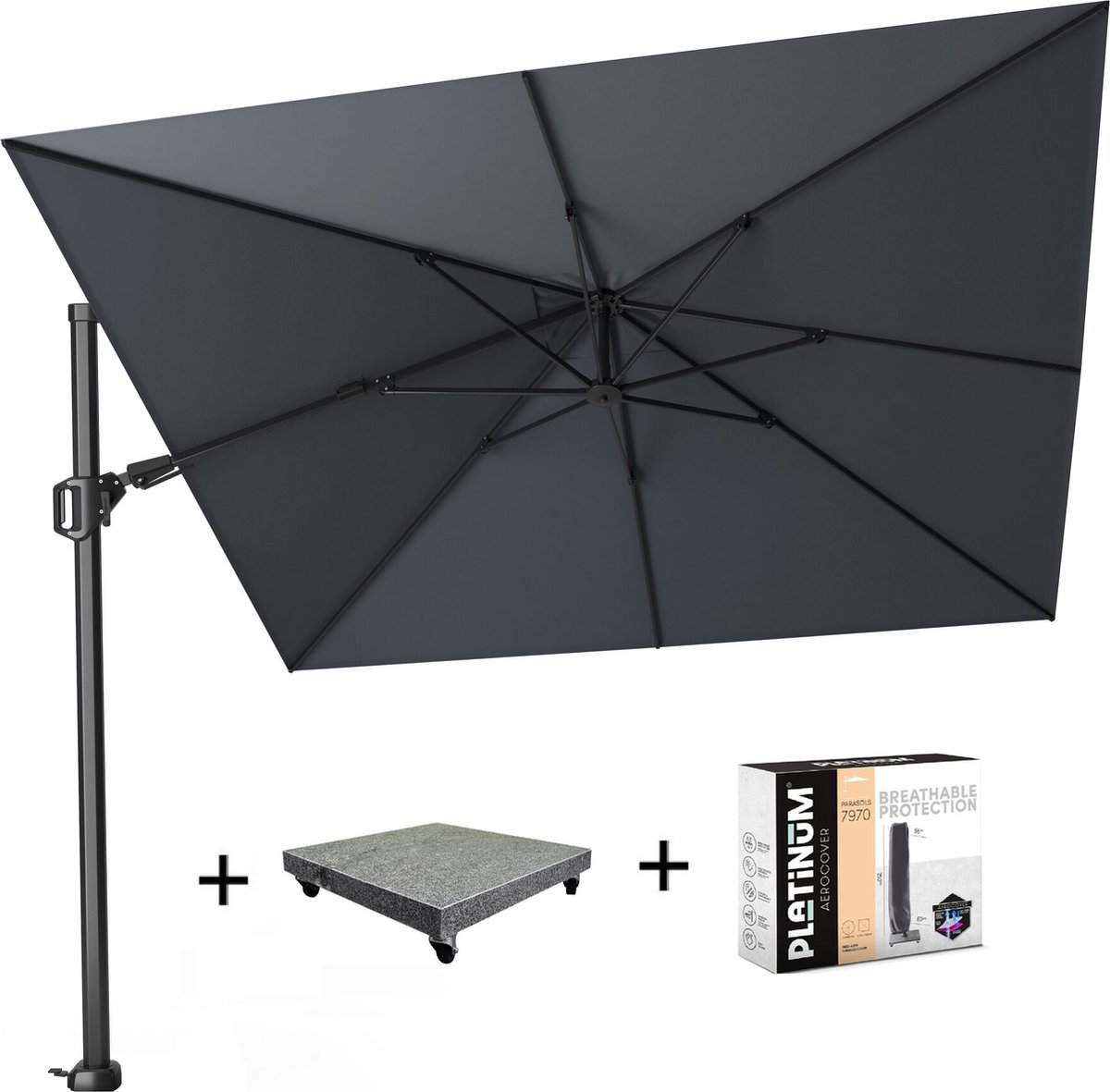 Challenger T2 zweefparasol 300x300 cm antraciet met 90KG voet en hoes (8720848329676)