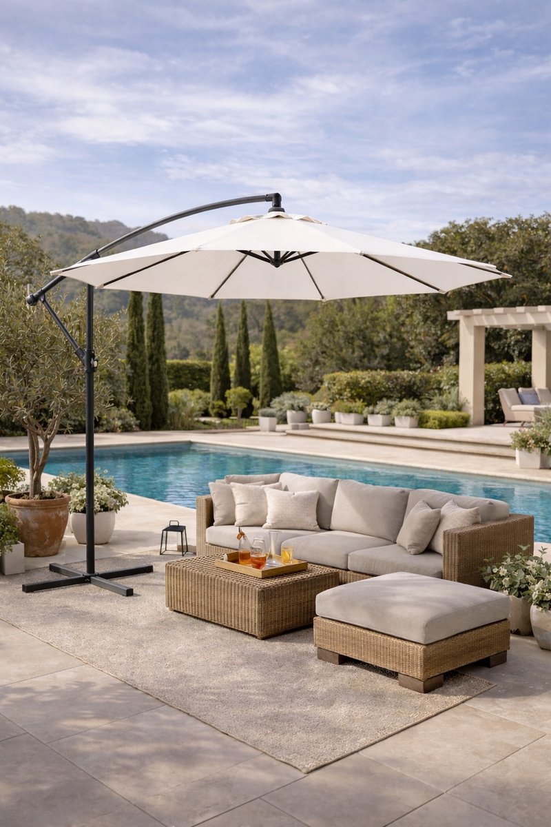 Fameilleur Zweefparasol Wit 300 cm - Grote Ronde Zweef parasol Buiten - Tuinparasol 3 Meter - Luxe Parasol voor Tuin, Terras en Balkon - Parasol met UV 80+ Bescherming - Kantelbare Zweefparasol Zonder Middenstok - Schaduwparasol voor Loungeset (8721302493100)