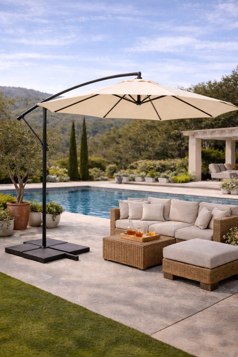 Fameilleur Zweefparasol beige 350 cm - Grote Ronde Zweef parasol Buiten - Tuinparasol 3 Meter - Luxe Parasol voor Tuin, Terras en Balkon - Parasol met UV 80+ Bescherming - Kantelbare Zweefparasol Zonder Middenstok - Schaduwparasol voor Loungeset (8721302493117)