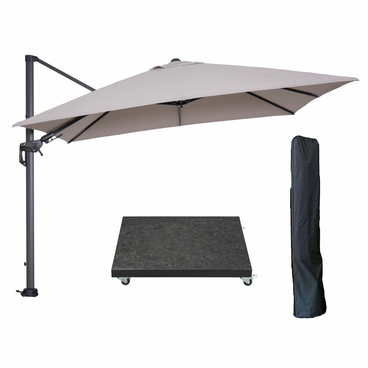 Garden Impressions Hawaii zweefparasol 300x300 cm carbon black / zand met 90kg royal antraciet parasolvoet en parasolhoes (6097100380389)