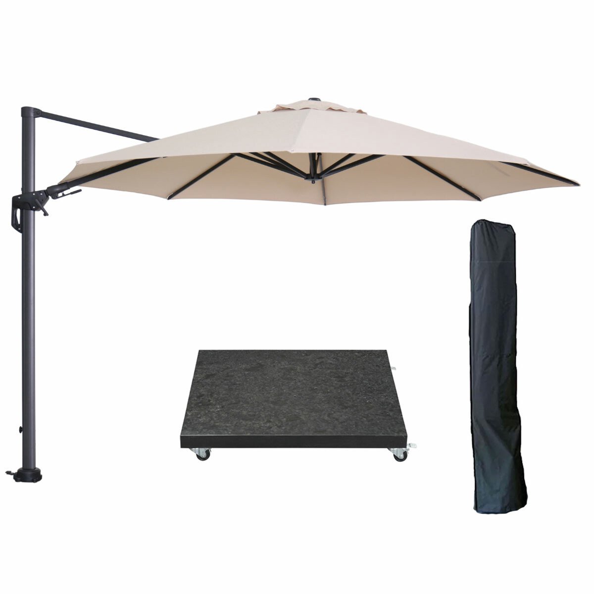 Garden Impressions Hawaii zweefparasol Ø350 cm carbon black / ecru met 90kg royal antraciet parasolvoet en parasolhoes (6097110524506)