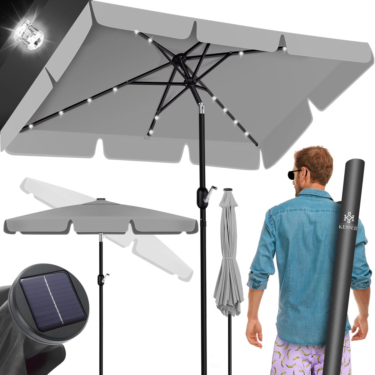 KESSER® Parasol LED Solar Stokparasol met Zwengel Incl. 2in1 Beschermhoes Transporttas, Tuinparasol, Parasol voor Balkon Tuin & Terras Verstelbaar Buigbaar Balkonparasol - Hoekig, Lichtgrijs (4255598310352)