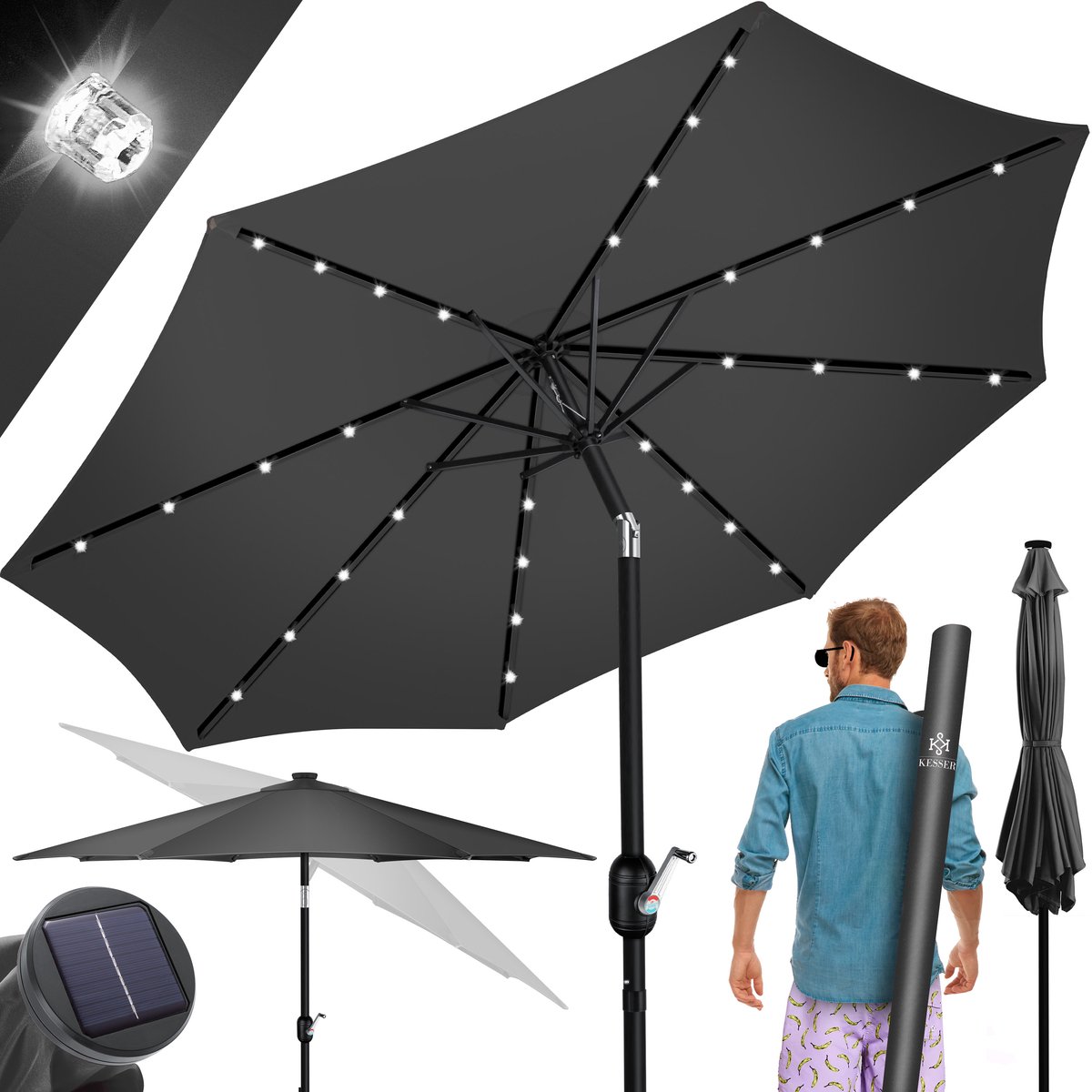 KESSER® Parasol LED Solar Stokparasol met Zwengel Incl. 2in1 Beschermhoes Transporttas, Tuinparasol, Parasol voor Balkon Tuin & Terras Verstelbaar Buigbaar Balkonparasol - Rond, Antraciet (4255598310321)