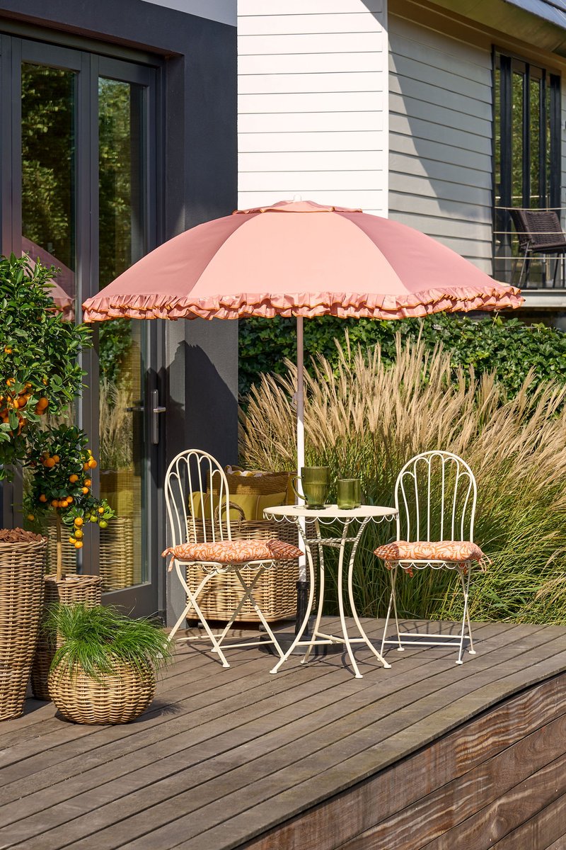 Mica Decorations Kantelbare Parasol met Ruches - Stokparasol 238 x Ø195 cm - Tuin of Balkonparasol - Polyester, Staal - Perzik (8720362581376)