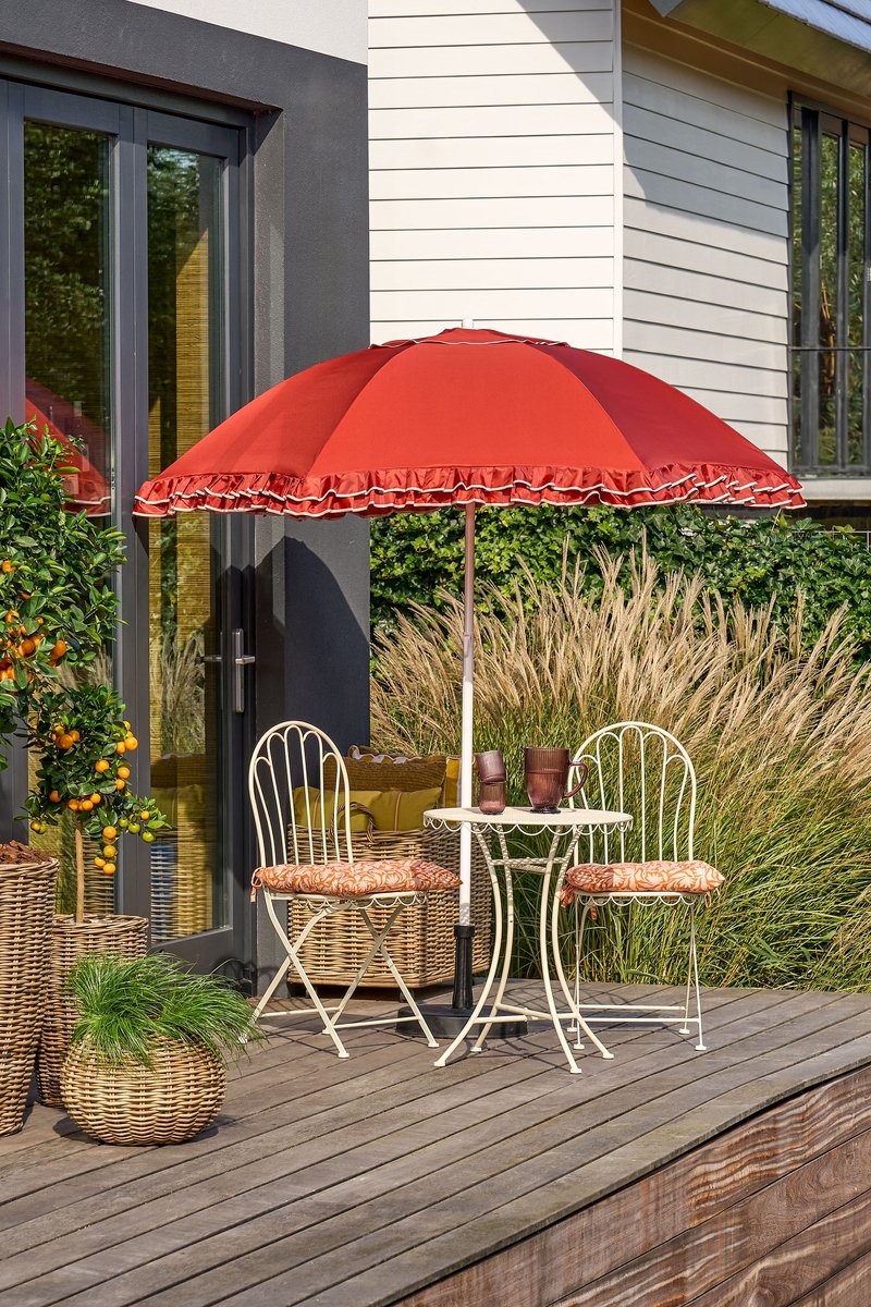 Mica Decorations Kantelbare Parasol met Streepprint - Stokparasol 238 x Ø195 cm - Tuin of Balkonparasol - Polyester, Staal - Geel, Roze (8720362581369)