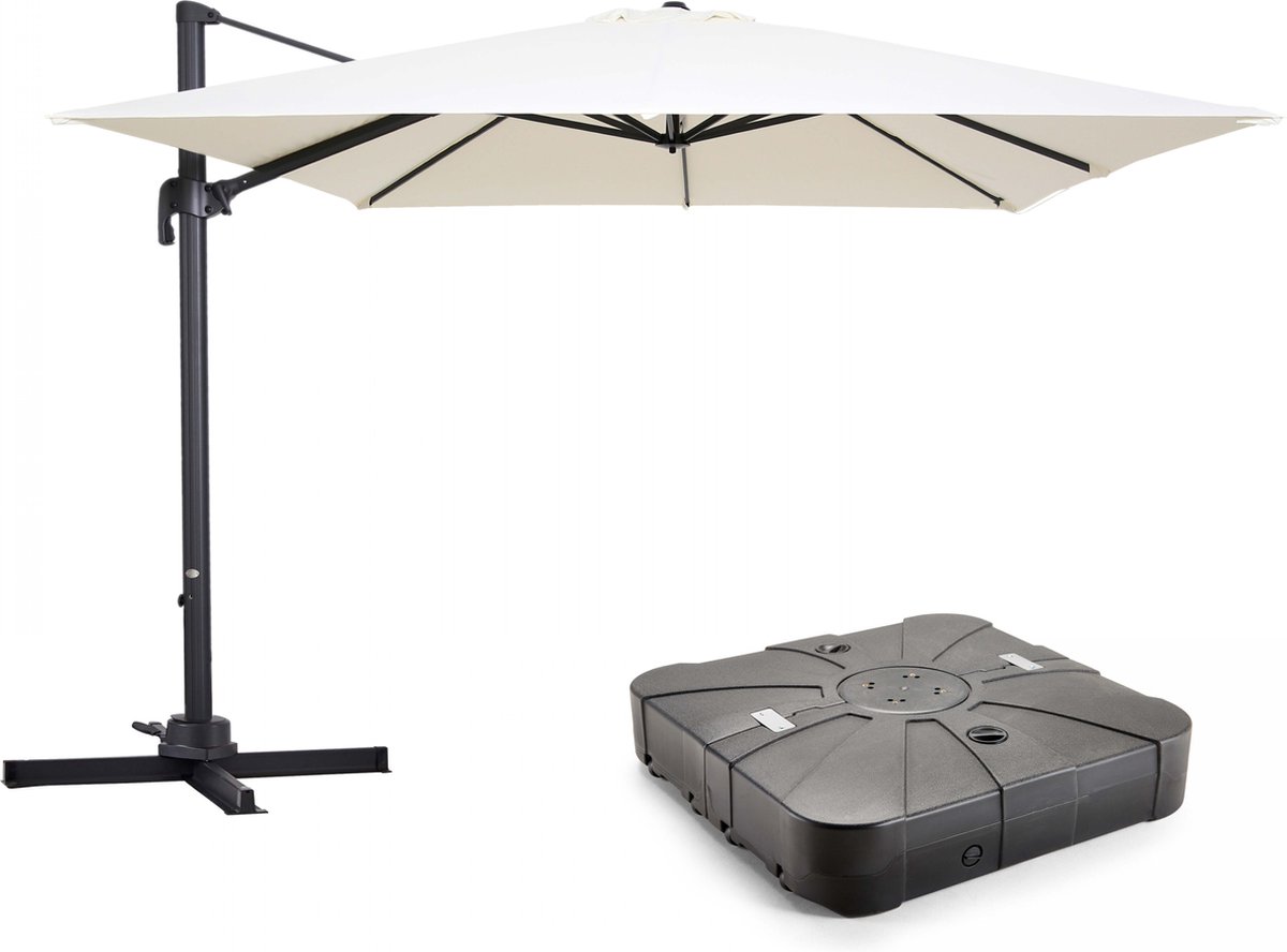 Oviala - Alu Zweefparasol 3x3 360° kantelbaar + 100L wielvoet, Wit - Malaga (3663095048035)