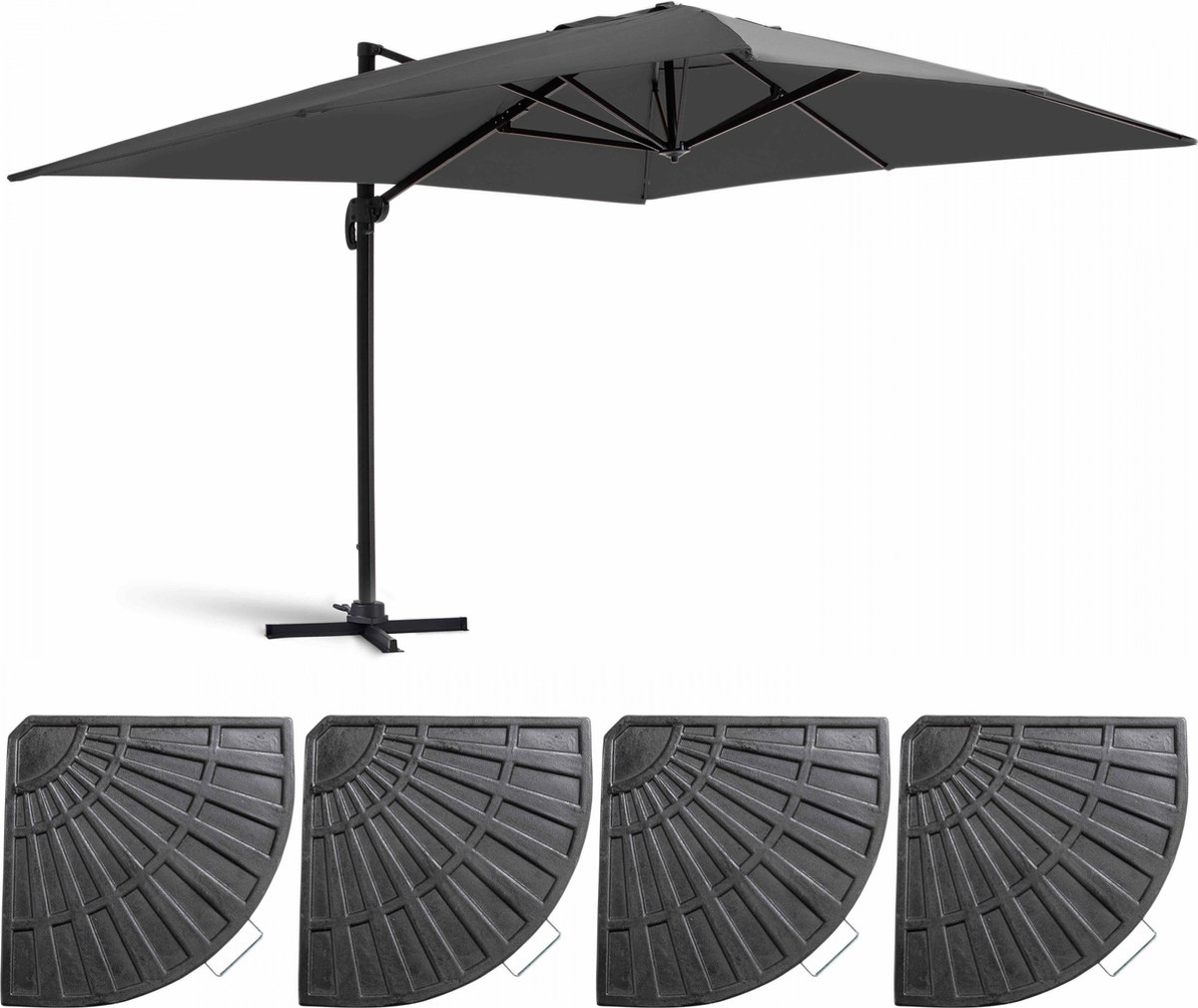 Oviala - Zweefparasol 3x4m Antraciet Kantelbaar Draaibaar + 4 Tegels - Caserta (3663095048080)