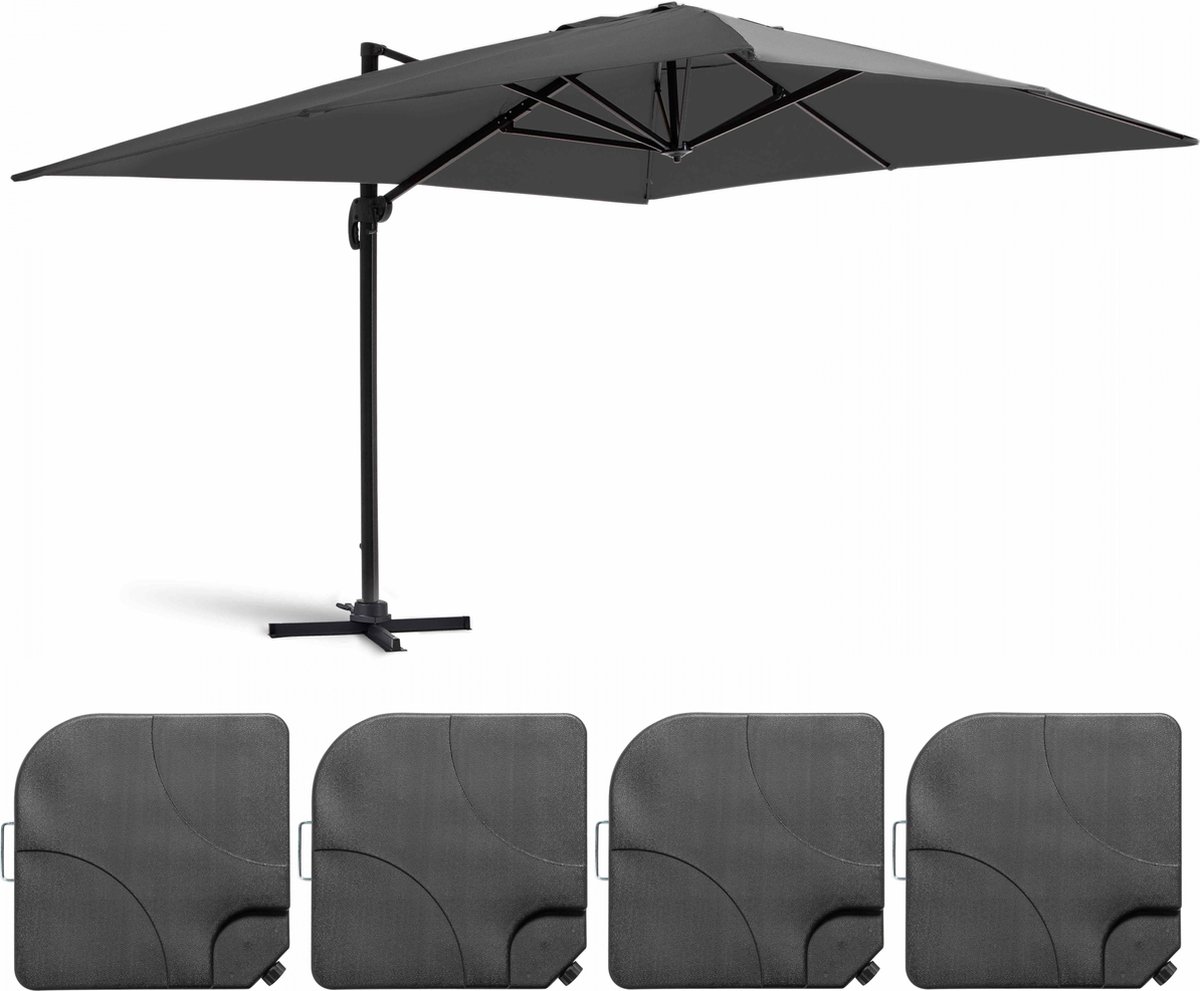 Oviala - Zweefparasol 4x3m 360° kantelb. + 4 vulbare tegels, grijs - Caserta (3663095048110)