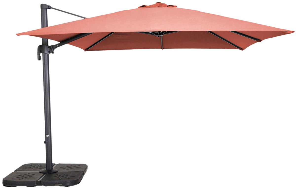Oviala - Zweefparasol draaibaar 3x3m + 4 vulbare tegels alu terracotta - Malaga (3663095180704)