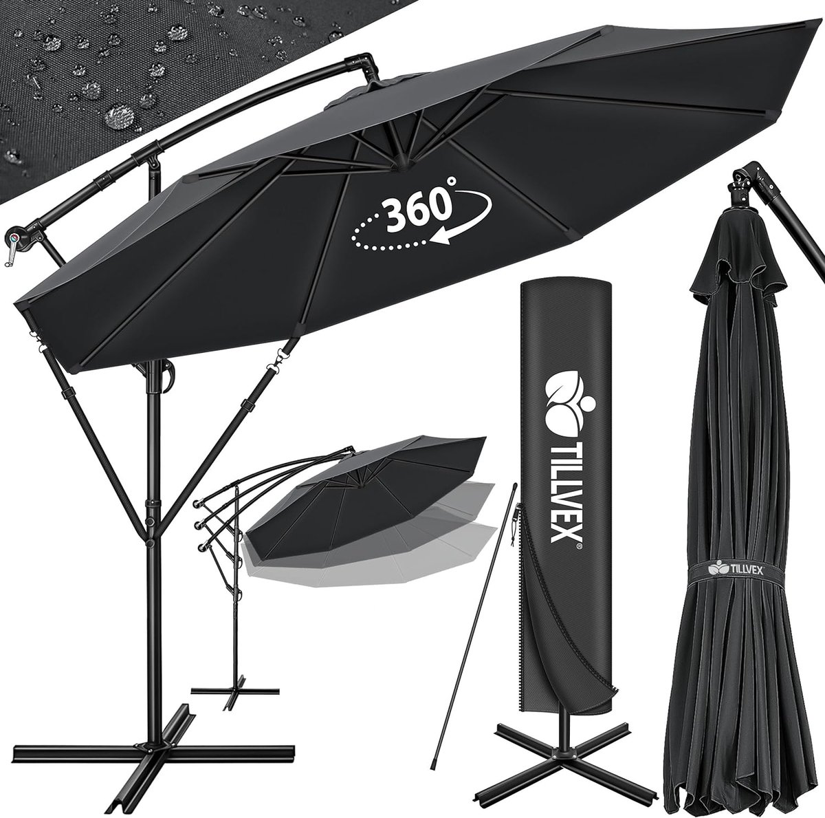 Parasol Ø 300cm Met Zwengel - Zweefparasol Met Standaard - Tuinscherm - UV-bescherming - Aluminium Zonnescherm - Waterdicht Marktscherm - Antraciet (6151142931975)