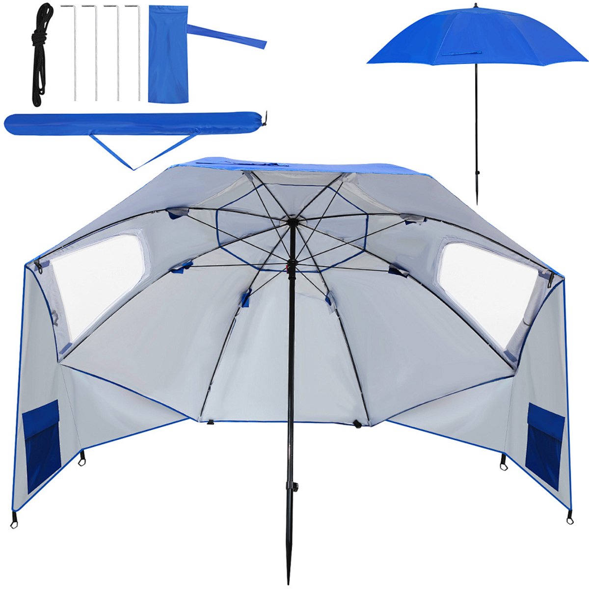 Parasol Strandparasols Stokparasols Balkonparasols Strandscherm Zonnenscherm 210 cm UV-bescherming 50+ Inklapbaar met grondpin, draagtas, waterafstotend, strand, tuin, balkon, parasol, tuinparasol Blauw (9360170876494)