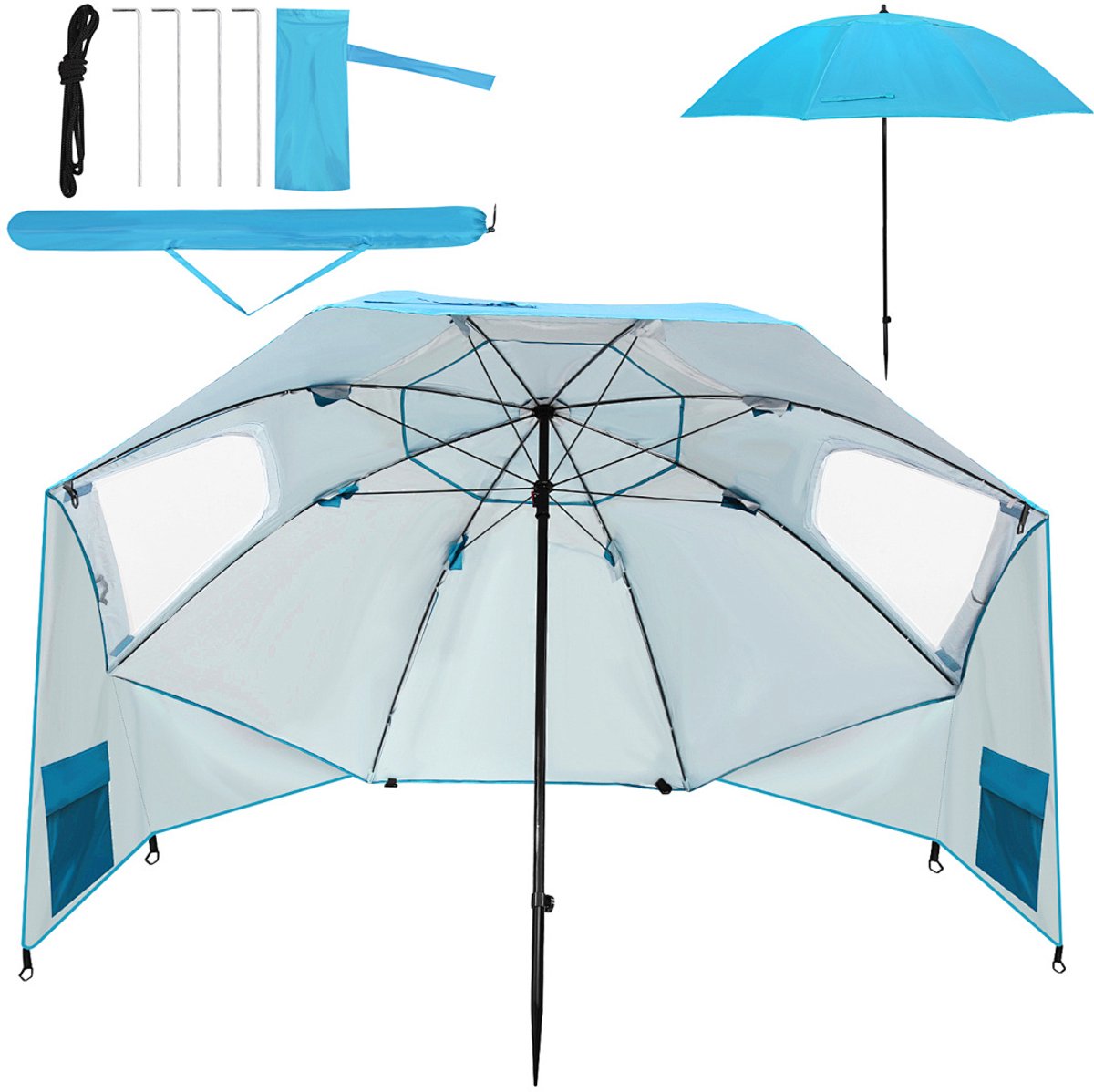 Parasol Strandparasols Stokparasols Balkonparasols Strandscherm Zonnenscherm 210 cm UV-bescherming 50+ Inklapbaar met grondpin, draagtas, waterafstotend, strand, tuin, balkon, parasol, tuinparasol Hemelsblauw (9360170876517)