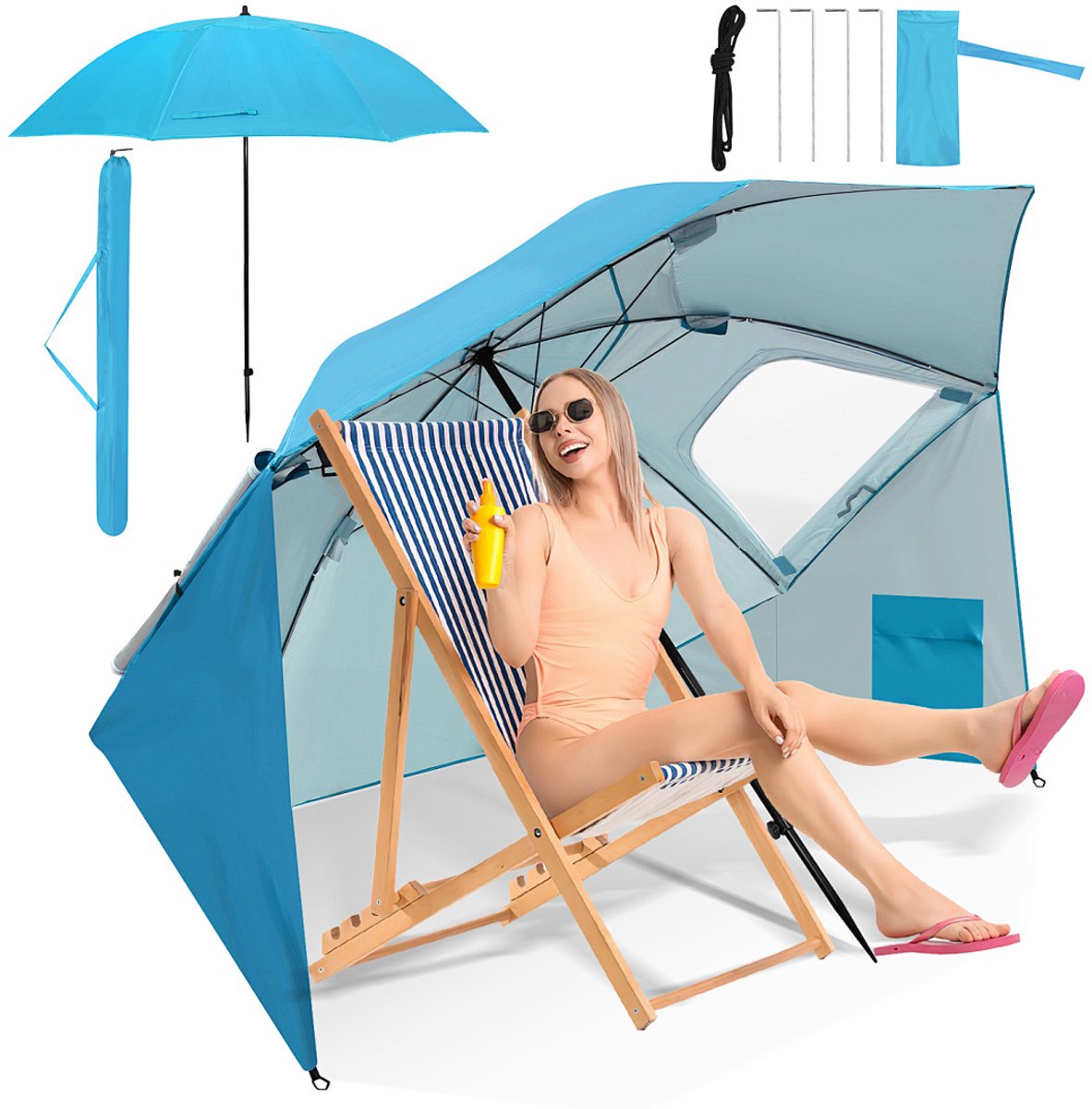Parasol Strandparasols, Stokparasols en Balkonparasols met 210 cm Zonnenscherm, UV-bescherming 50+ - Inklapbaar, Waterafstotend, Grondpin en Draagtas Inclusief, Perfect voor Strand, Tuin en Balkon als Tuinparasol, Hemelsblauw (9360170876579)