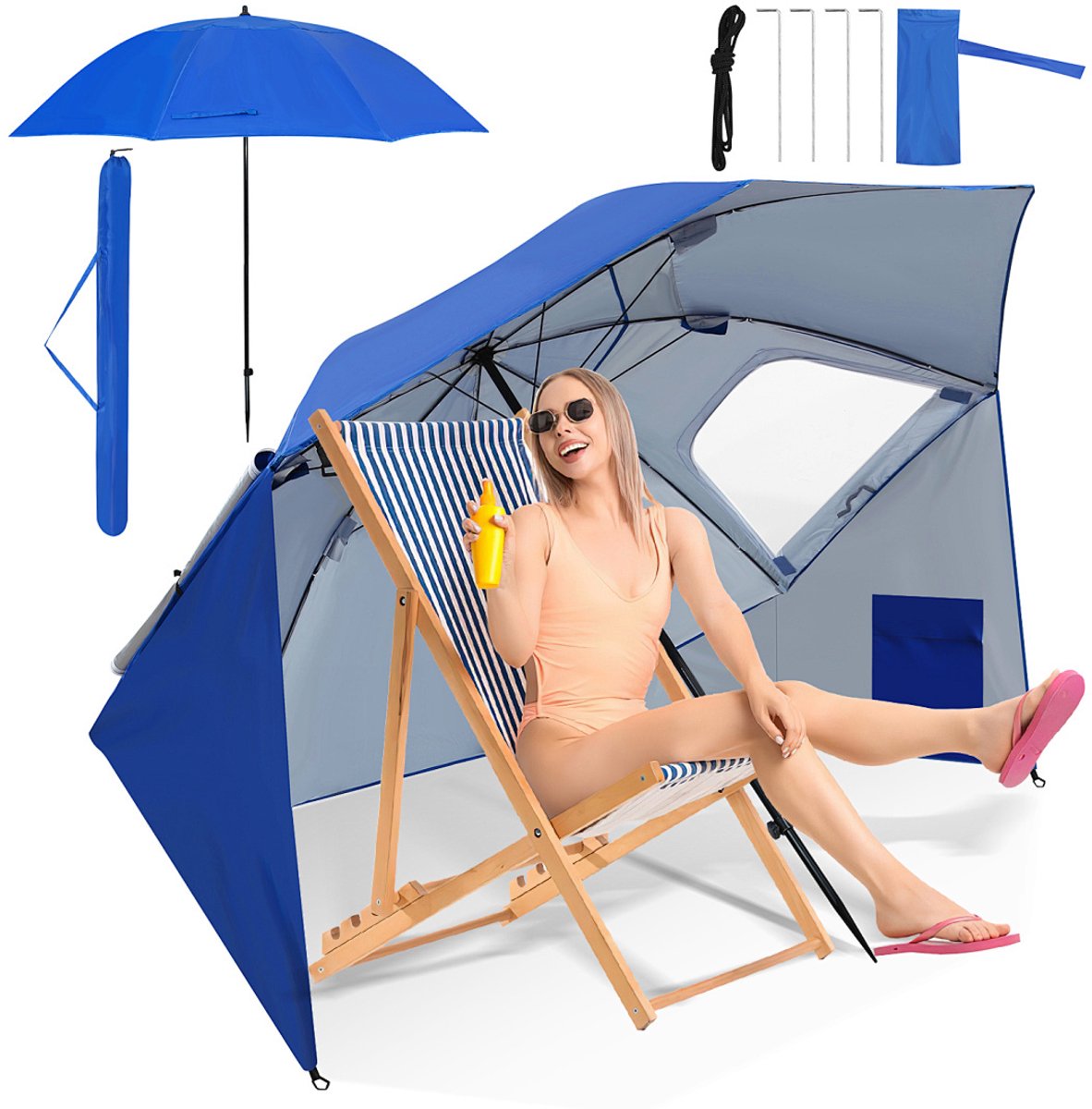 Parasol Strandparasols, Stokparasols en Balkonparasols met 210 cm Zonnenscherm, UV-bescherming 50+ - Inklapbaar, Waterafstotend, Grondpin en Draagtas Inclusief, Perfect voor Strand, Tuin en Balkon als Tuinparasol,Blauw (9360170876555)