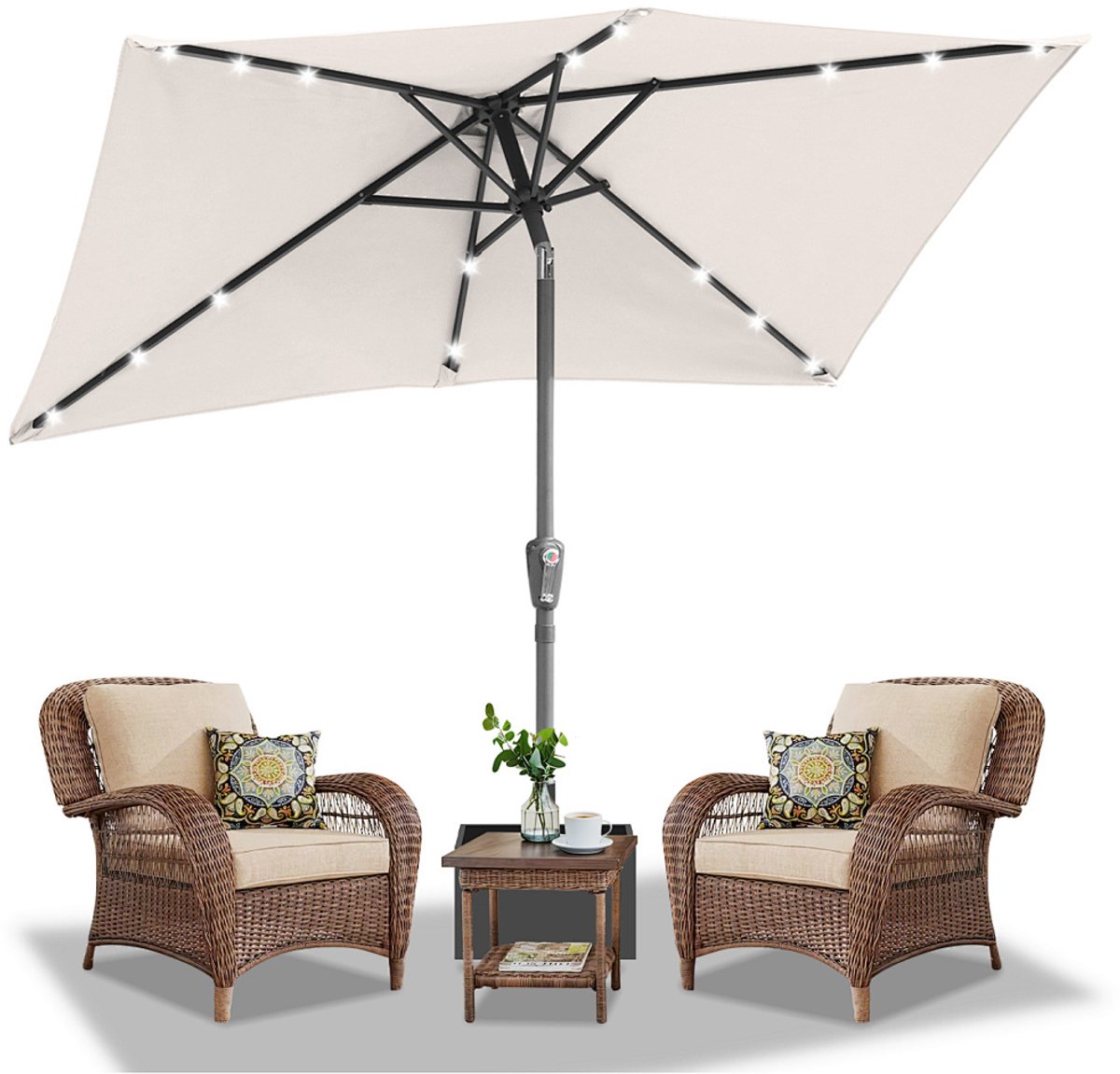 Parasol - Tuin - 140x210 cm - Stokparasol - met LED - UPF 50+ - 30° Kantelbaar - Waterdicht - Balkonparasol - Zweefparasol - Beige (9350838096111)