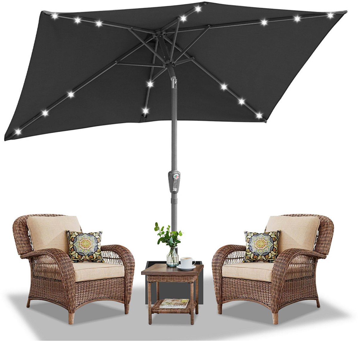 Parasol - Tuin - 140x210 cm - Stokparasol - met LED - UPF 50+ - 30° Kantelbaar - Waterdicht - Balkonparasol - Zweefparasol - Grijs (9350838096081)