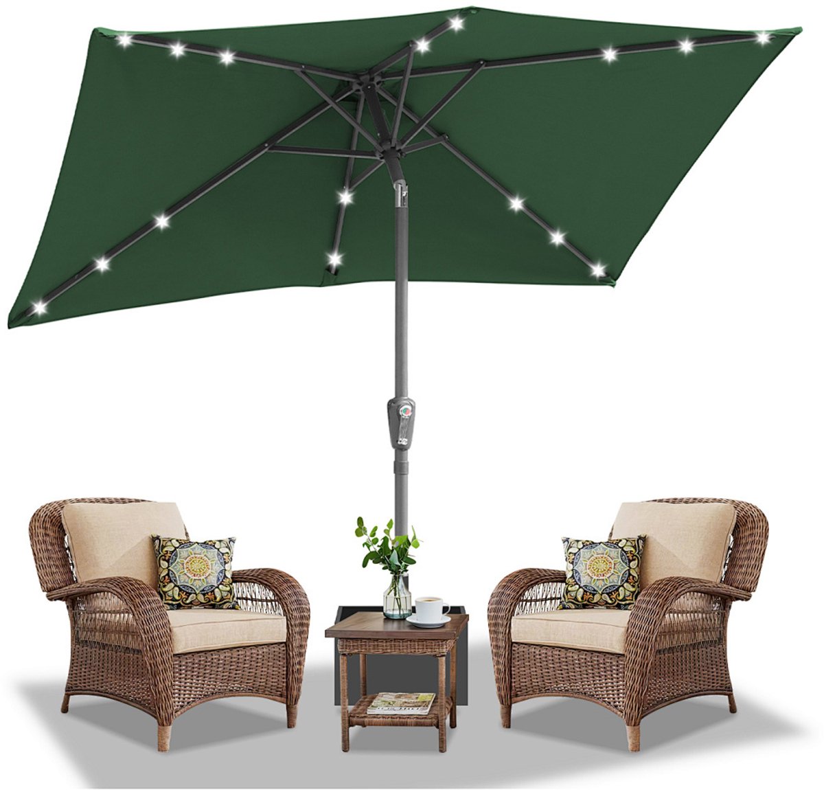 Parasol - Tuin - 140x210 cm - Stokparasol - met LED - UPF 50+ - 30° Kantelbaar - Waterdicht - Balkonparasol - Zweefparasol - Groen (9350838096098)