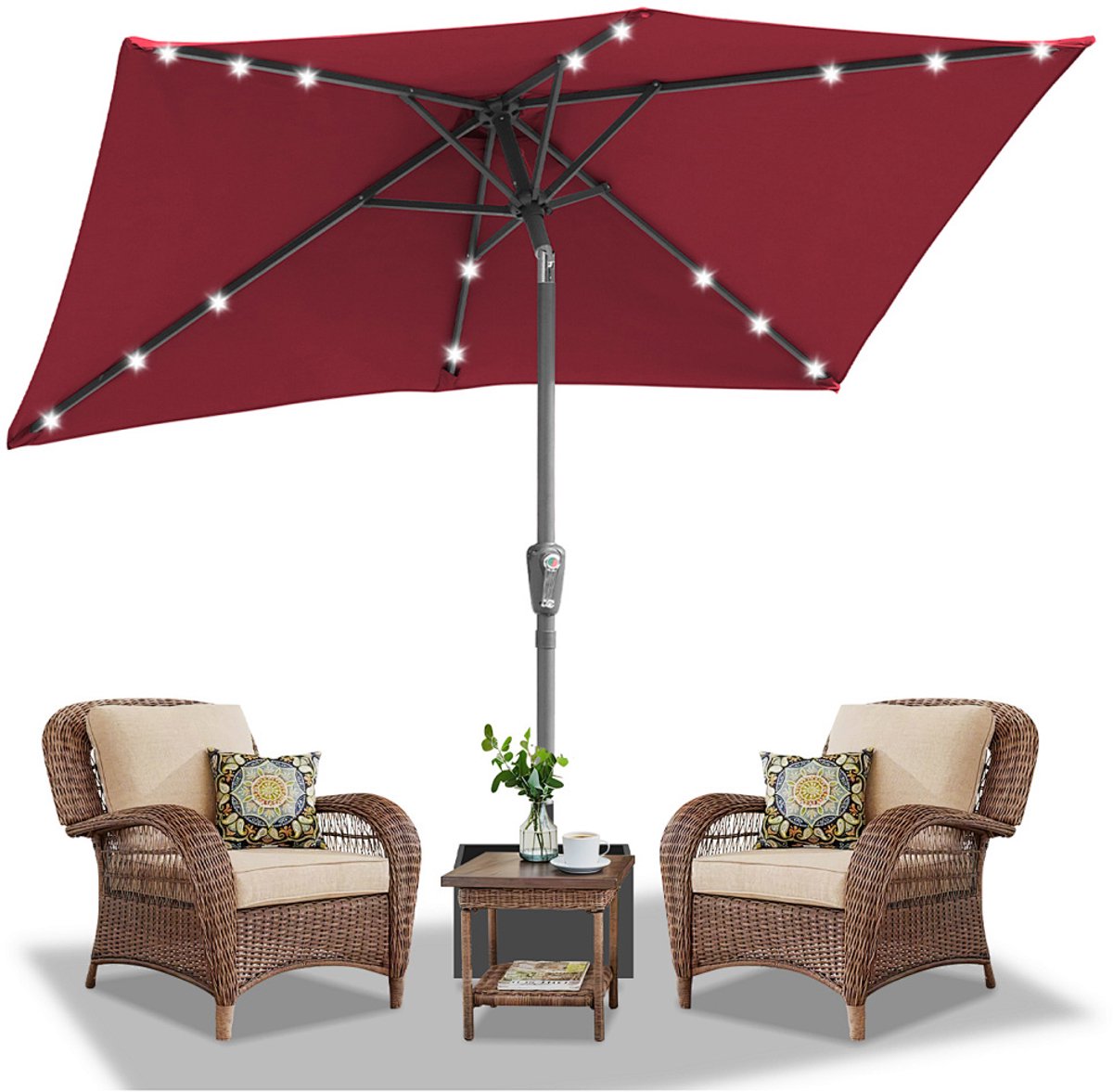 Parasol - Tuin - 140x210 cm - Stokparasol - met LED - UPF 50+ - 30° Kantelbaar - Waterdicht - Balkonparasol - Zweefparasol - Rood (9350838096104)