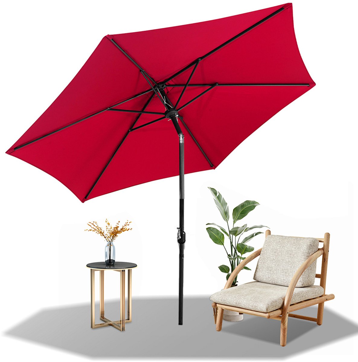 Parasol - Tuin - 270CM - Stokparasol - UV50+ - 30° Kantelbaar - Waterdicht - Balkonparasol - Zweefparasol - Rood (9350838095800)