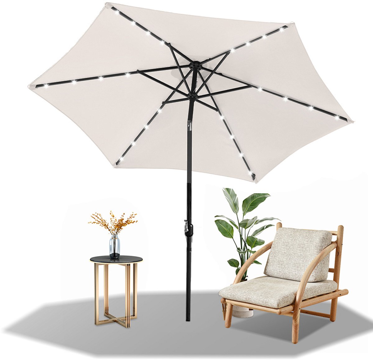 Parasol - Tuin - 270CM - Stokparasol - met LED - UV50+ - 30° Kantelbaar - Waterdicht - Balkonparasol - Zweefparasol - GrijsBeige (9350838095916)