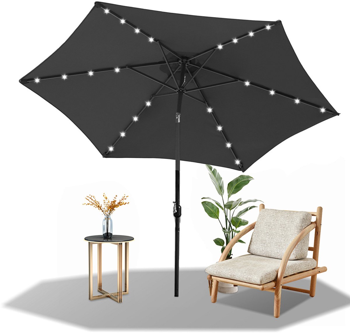 Parasol - Tuin - 270CM - Stokparasol - met LED - UV50+ - 30° Kantelbaar - Waterdicht - Balkonparasol - Zweefparasol - GrijsGrijs (9350838095886)