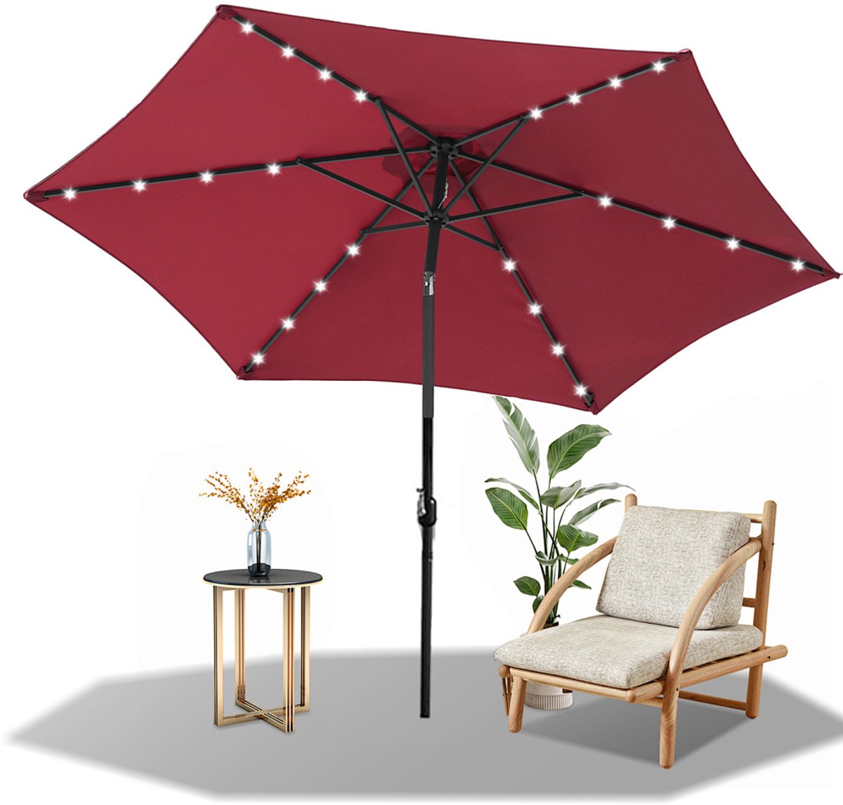 Parasol - Tuin - 270CM - Stokparasol - met LED - UV50+ - 30° Kantelbaar - Waterdicht - Balkonparasol - Zweefparasol - GrijsRood (9350838095909)