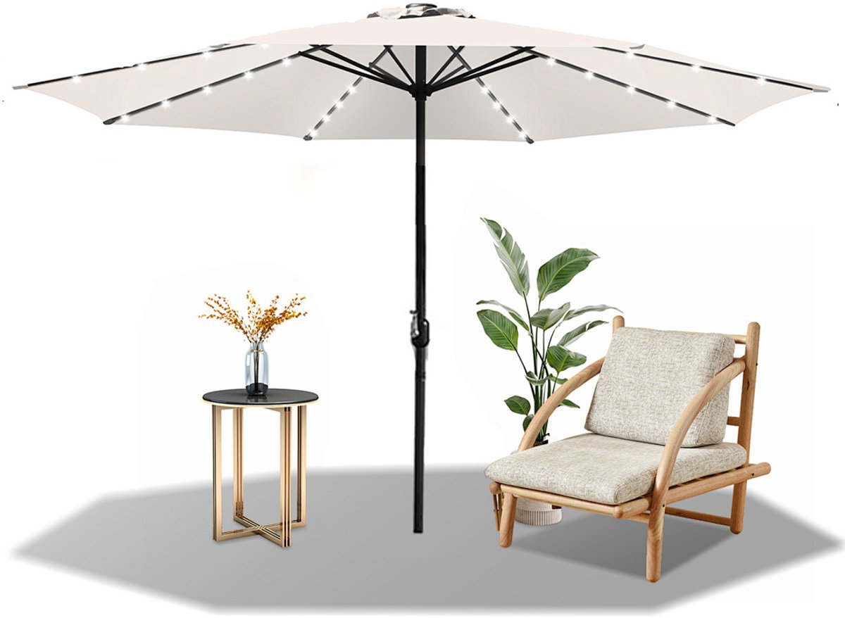 Parasol - Tuin - 350CM - Stokparasol - met LED - UV50+ - Waterdicht - Balkonparasol - Zweefparasol - Beige (9350838095961)