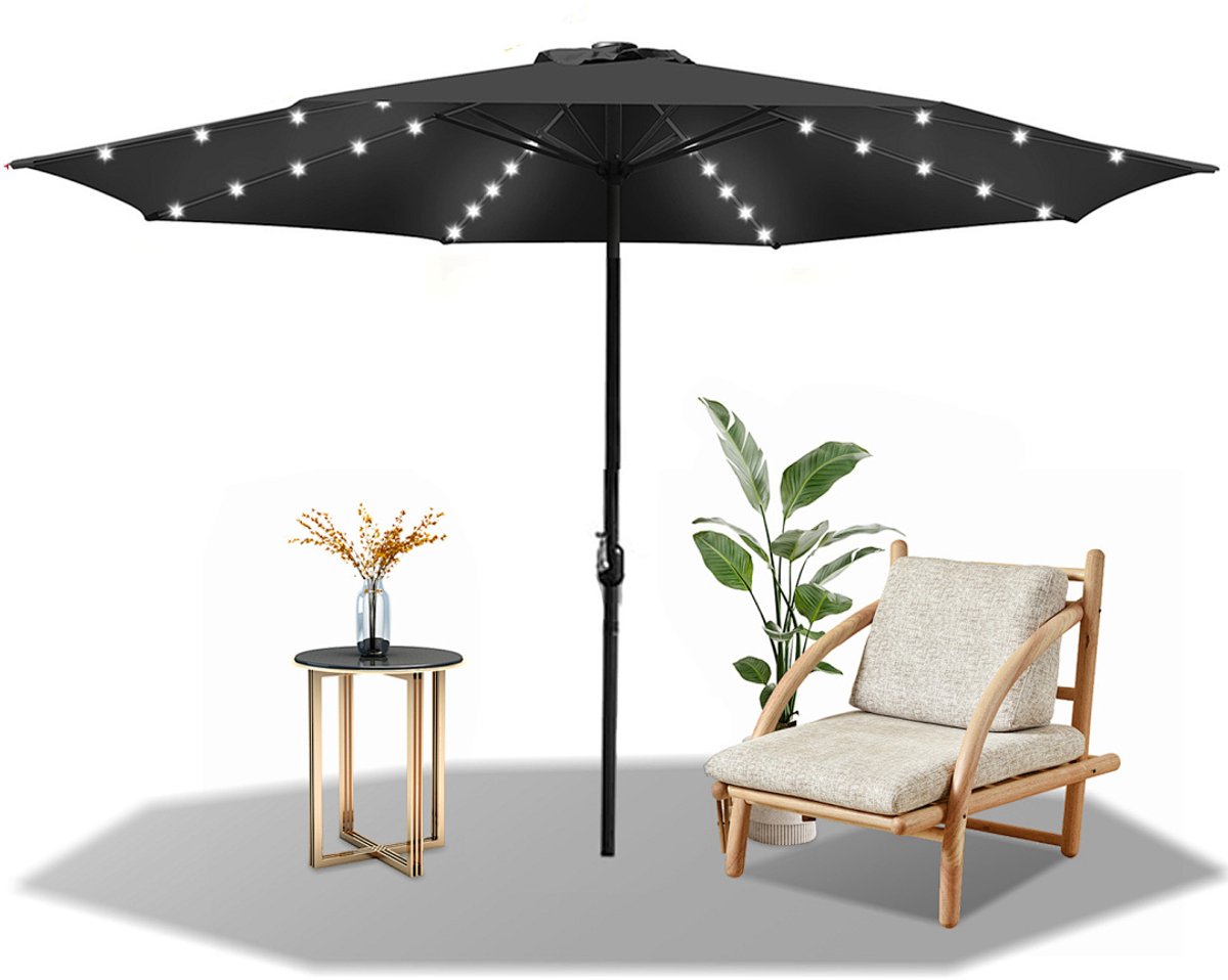 Parasol - Tuin - 350CM - Stokparasol - met LED - UV50+ - Waterdicht - Balkonparasol - Zweefparasol - Grijs (9350838095930)